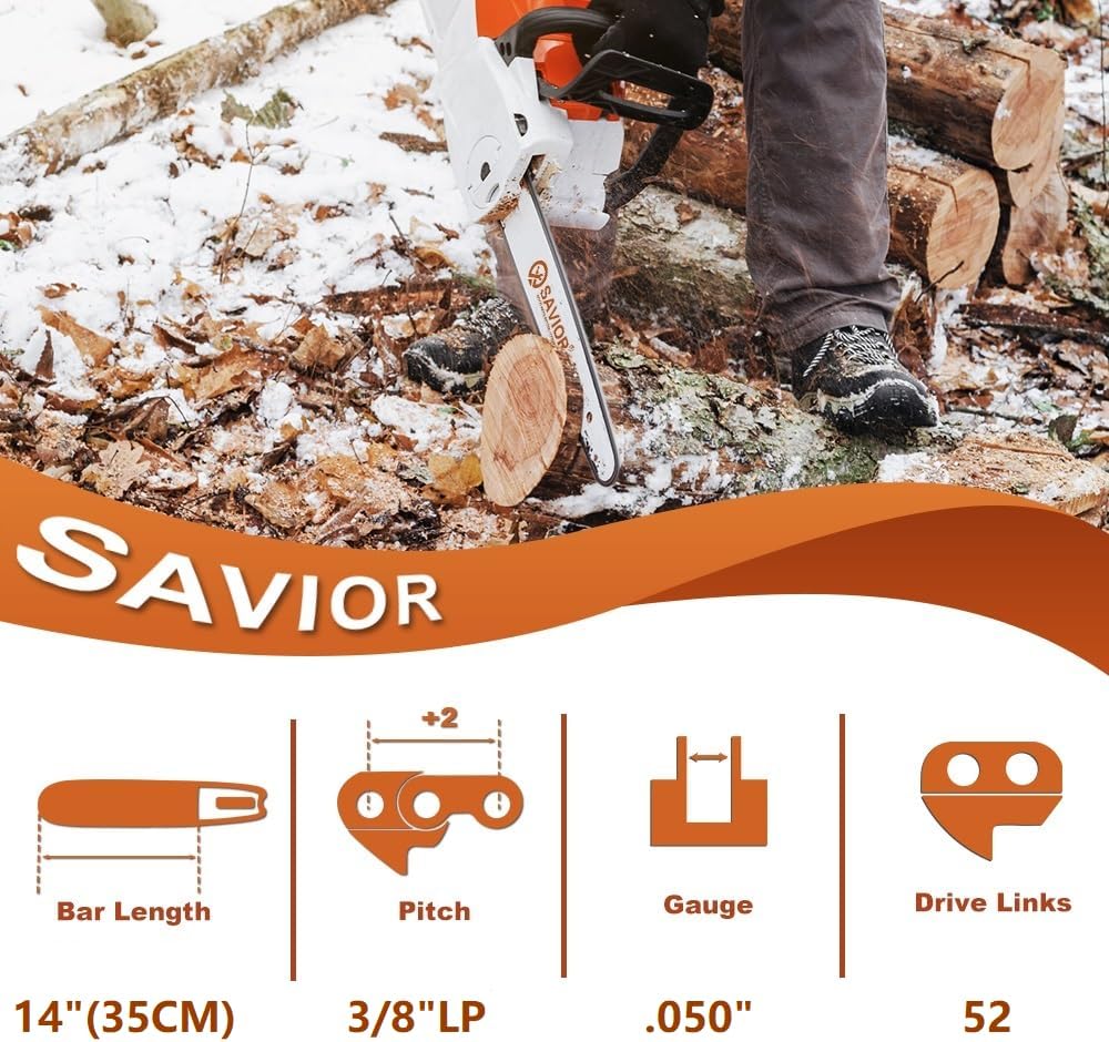 Savior Cadena de motosierra S52 de 14 pulgadas, paso LP de 38 pulgadas, calibre .050 pulgadas, 52 eslabones de transmisión para Husqvarna 120 Echo