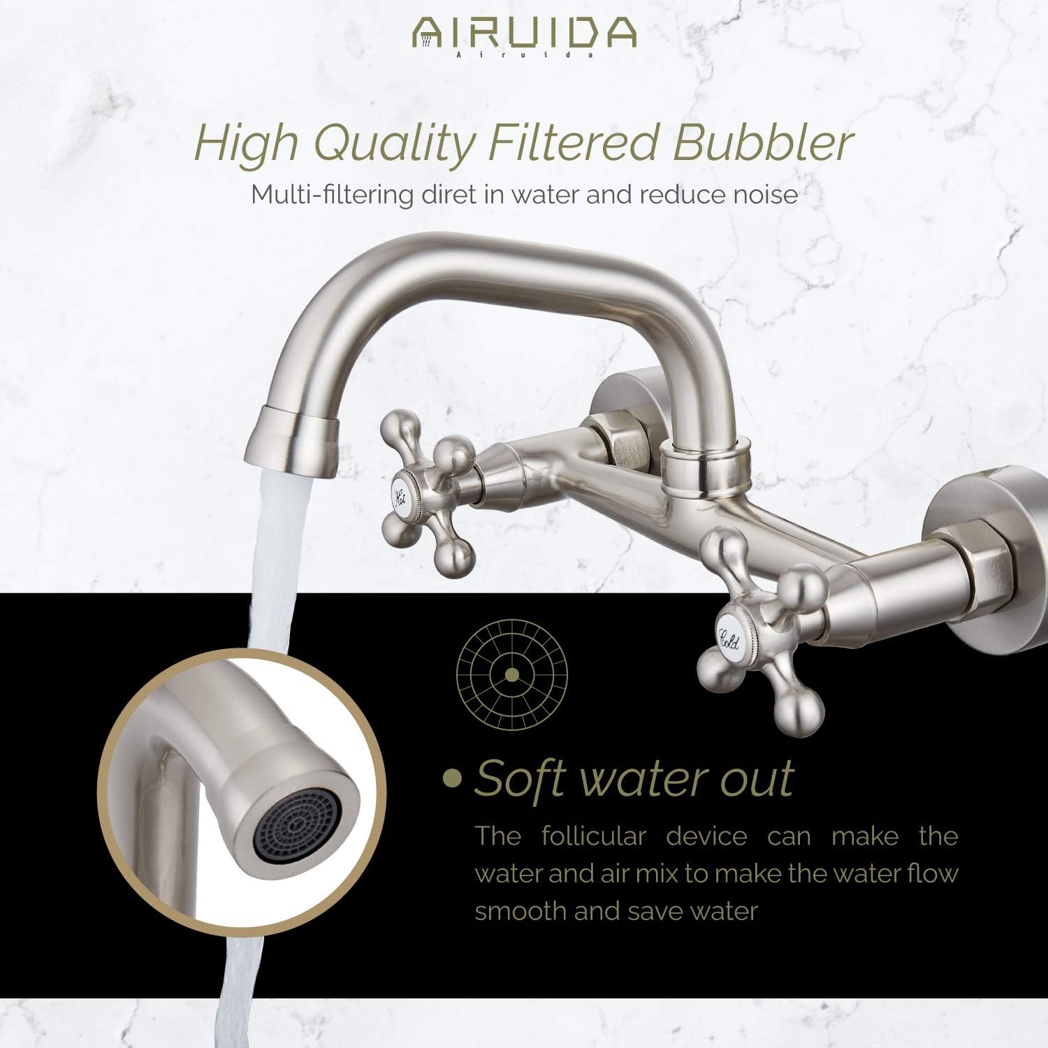 Airuida Grifo de fregadero de cocina de montaje en pared para pico de 6 pulgadas (5.9 in), centro ajustable, centro ajustable, asas cruzadas, agua