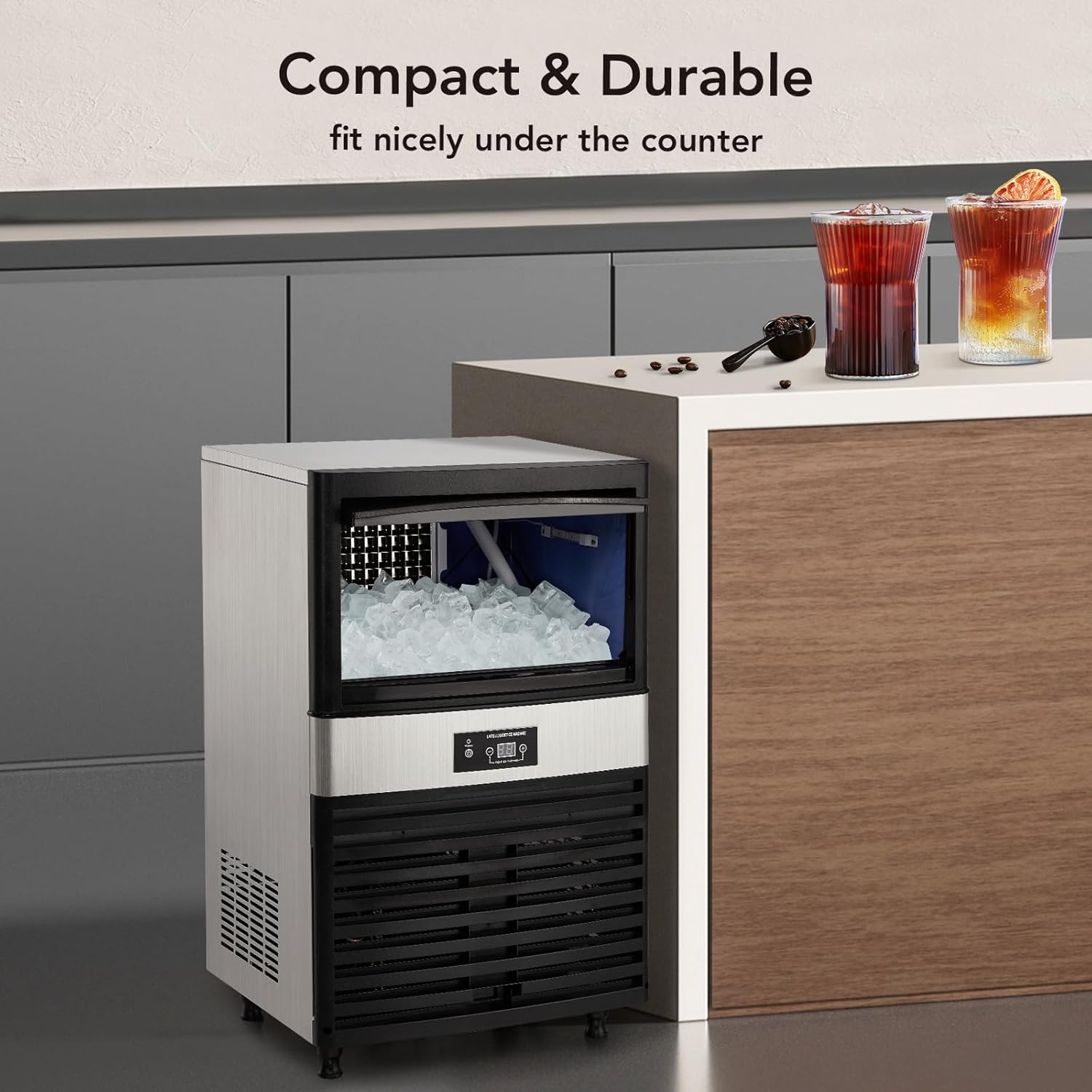 Máquina de hielo comercial de 110 libras24 horas, máquina de hielo debajo del mostrador con cubo de hielo de 30 libras, 40 cubitos de hielociclo,