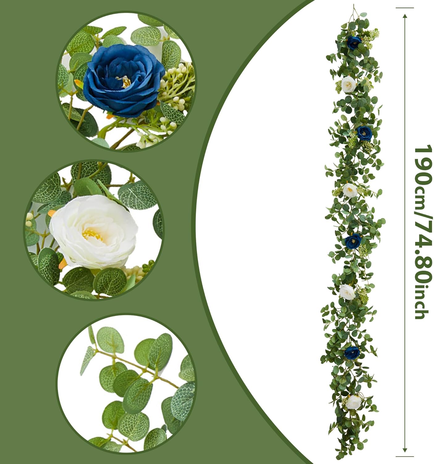 PARTY JOY Guirnalda de eucalipto con flores de 6.56 pies, 8 rosas azules y blancas, flores artificiales falsas, guirnalda de vides florales para