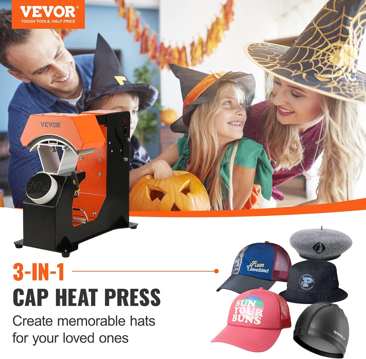 VEVOR Máquina de prensa de calor para sombreros, prensa de calor automática 3 en 1 con 3 placas intercambiables (6.6 x 3.9, 6.6 x 3 y 6.1 x 2.75),