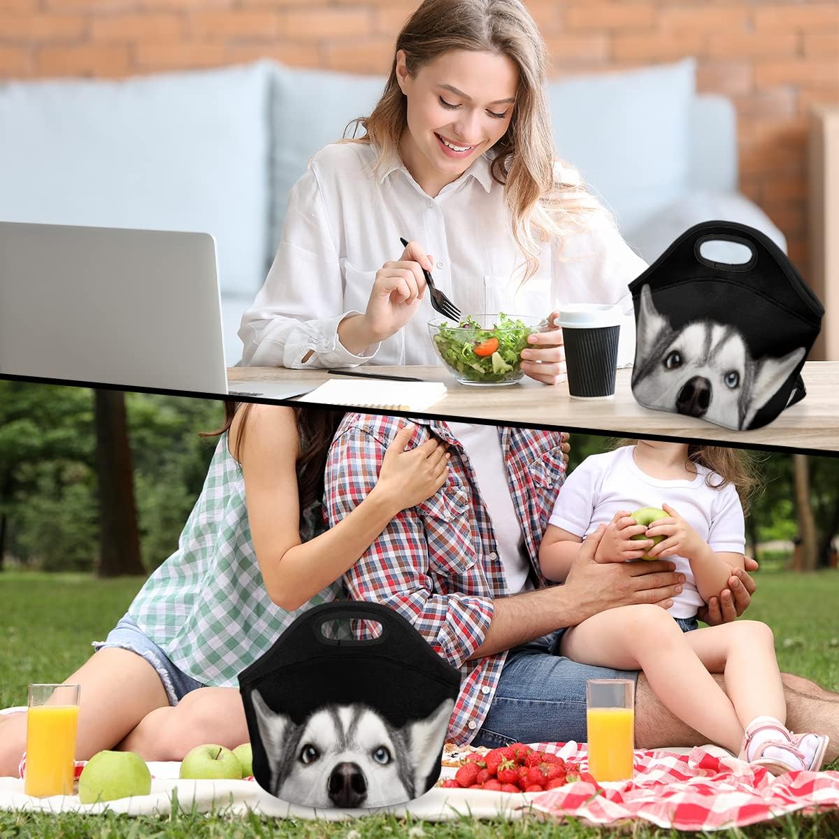 Bolsa de almuerzo de neopreno reutilizable con diseño de perro Husky con diseño de animales, bolsa térmica para comidas, bolsa de almuerzo