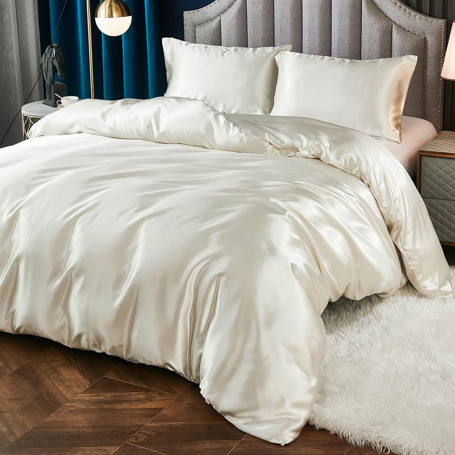 Juego de funda de edredón de satén beige crema, ropa de cama sedosa de lujo, ropa de cama sedosa de microfibra beige y gris, juego de ropa de cama