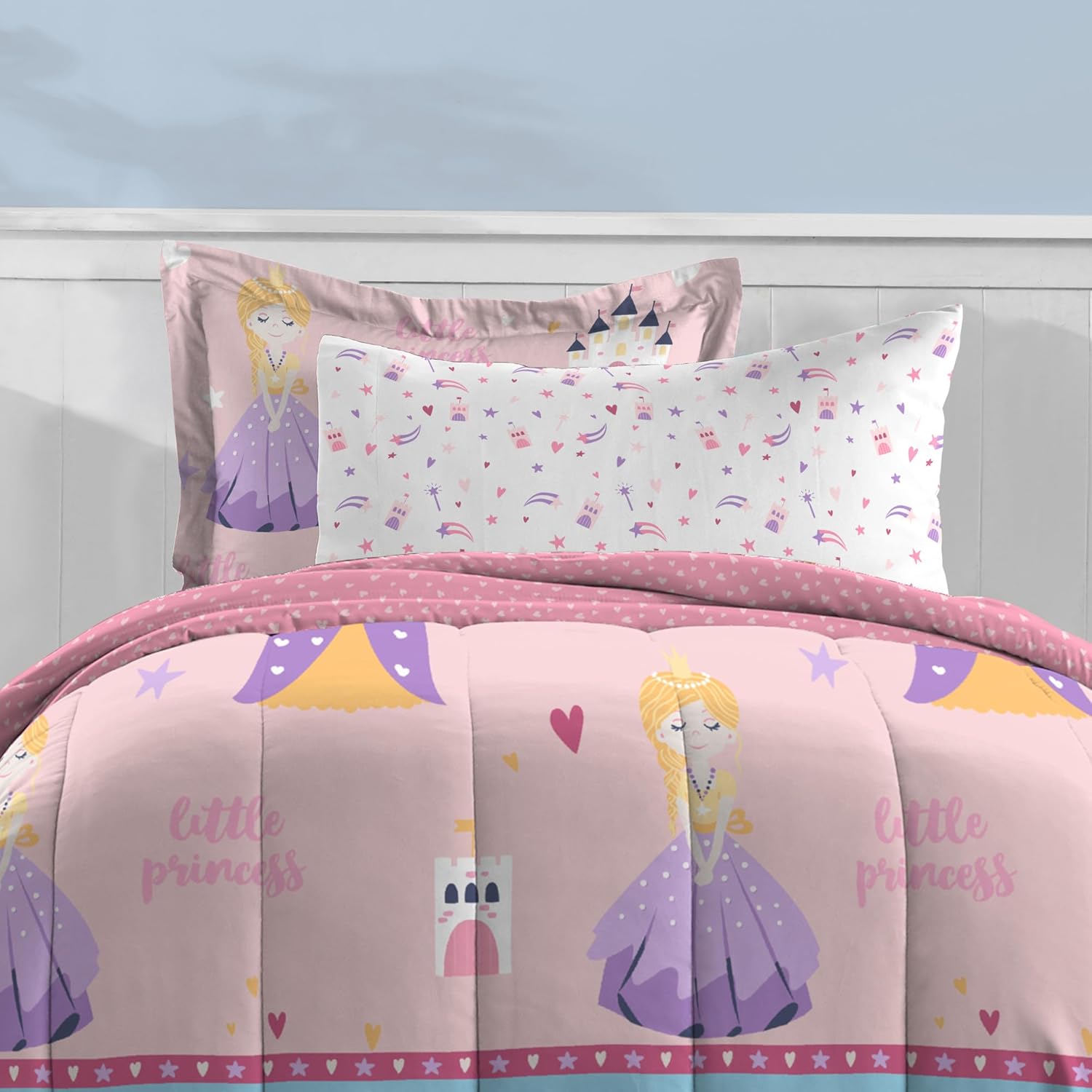 Dream Factory Juego de cama completo de 7 piezas para niños, de microfibra súper suave, fácil de lavar, tamaño matrimonial, princesa rosa