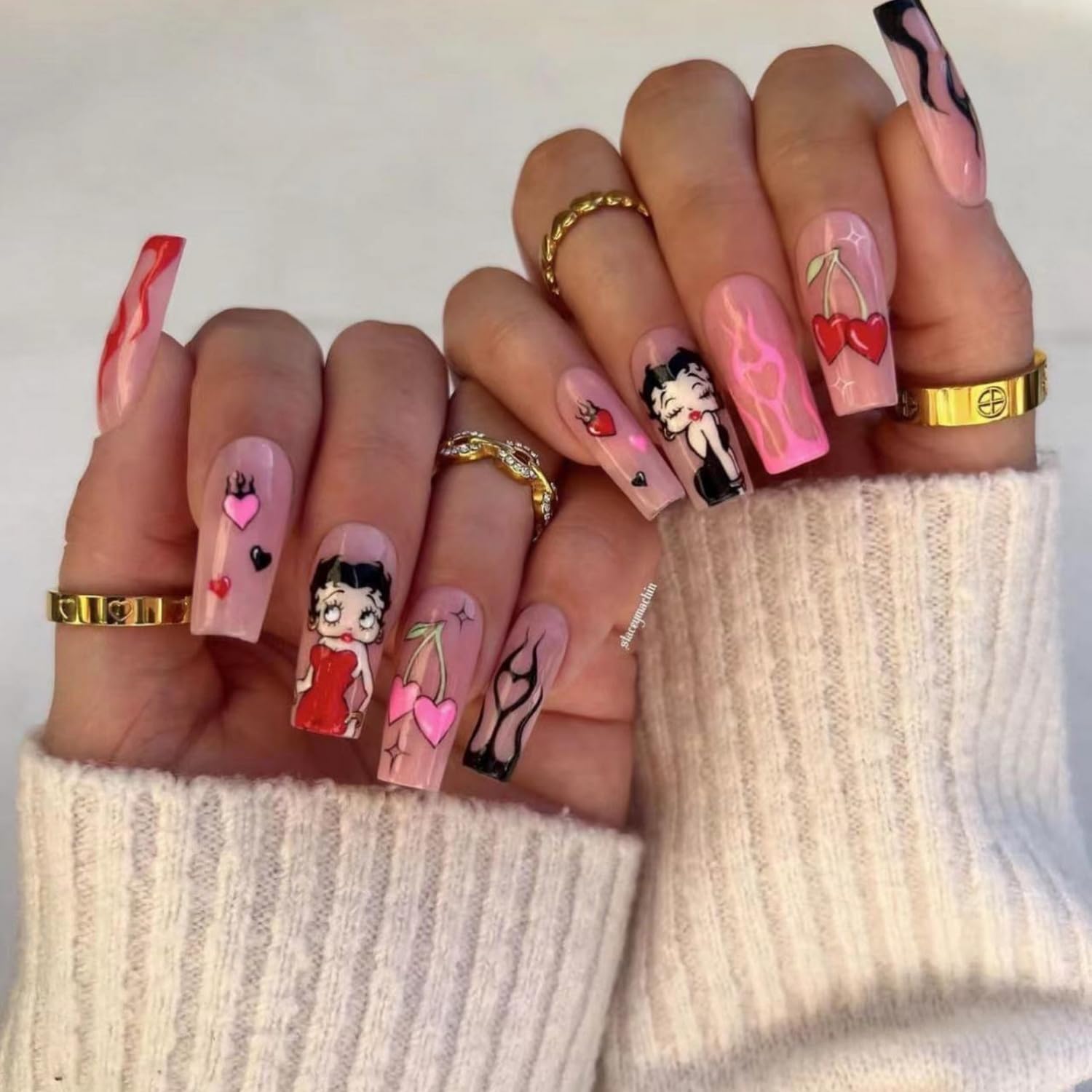 Uñas postizas largas a presión de Halloween, con estrellas, corazones, telaraña, dulce joven, uñas acrílicas rosas y blancas con punta francesa,