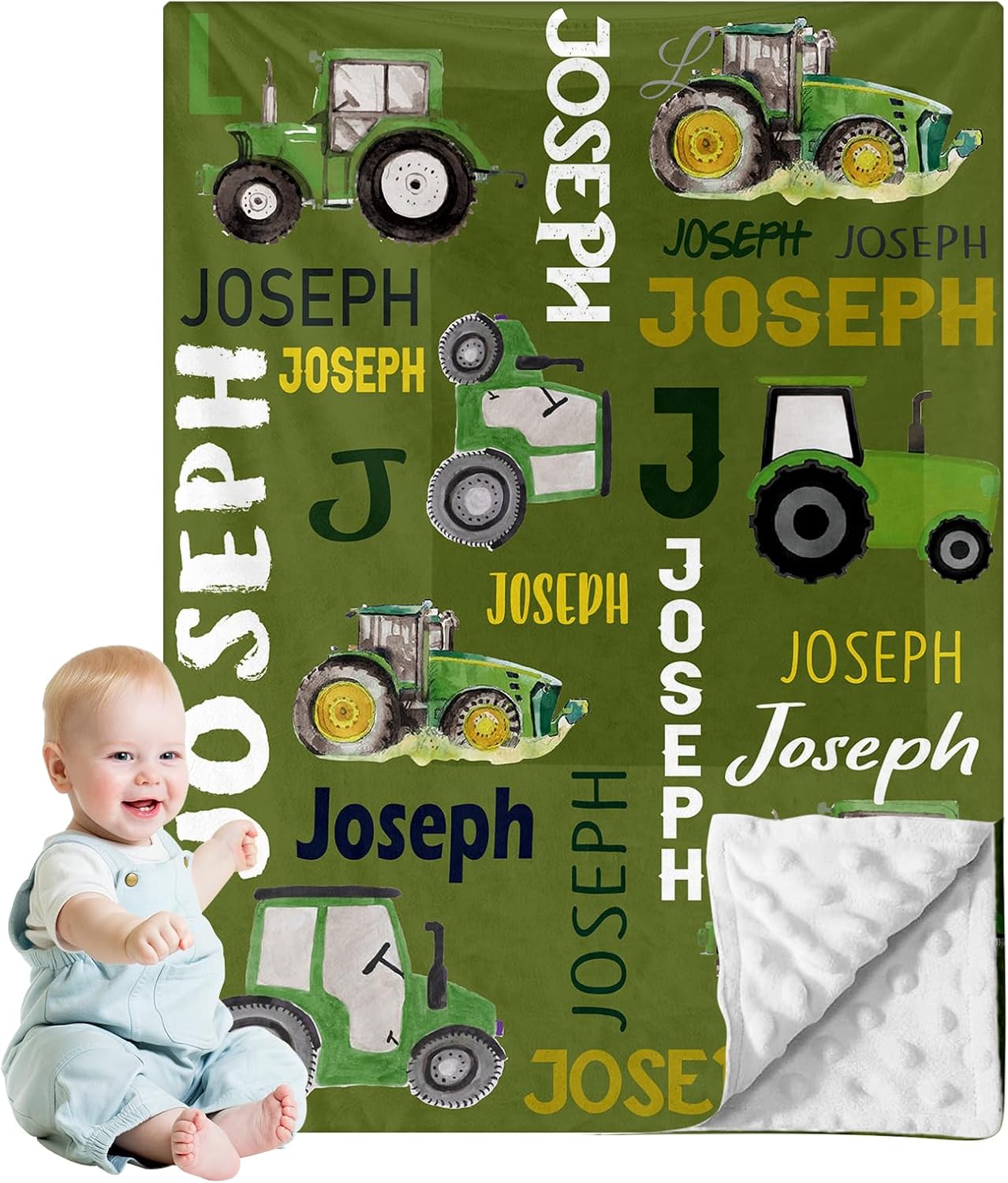 Mantas de tractor con nombre personalizado, mantas de bebé de felpa suave para niños con patrón de tractor impreso y puntos elevados relajantes,