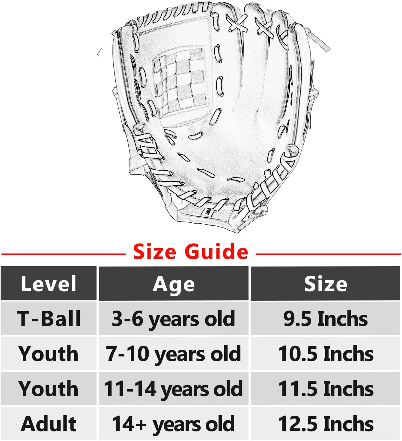 Guante de béisbol, guante de béisbol y sóftbol, diseño ergonómico, guante de béisbol cómodo y duradero para niños, jóvenes y principiantes