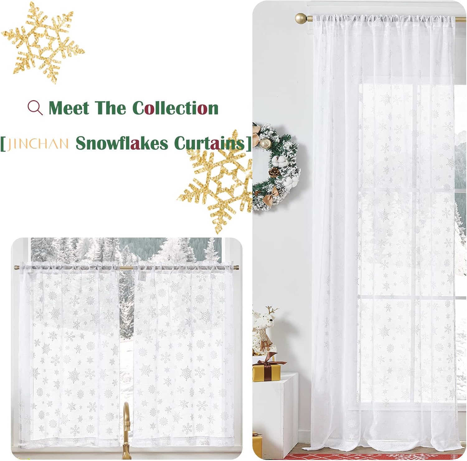 jinchan Cortinas de Navidad transparentes blancas con diseño de copo de nieve de 54 pulgadas de largo para dormitorio, cortinas de nieve con