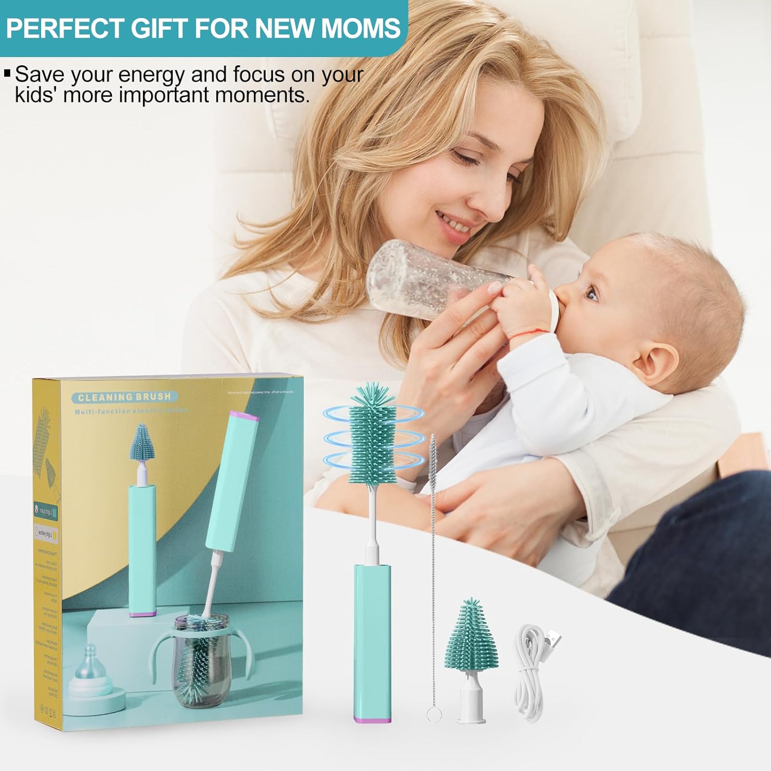 MOMJOY – Juego de limpiador eléctrico para biberones  IPX7 resistente al agua y cepillo para pajilla, cepillo de silicona para botellas adecuado