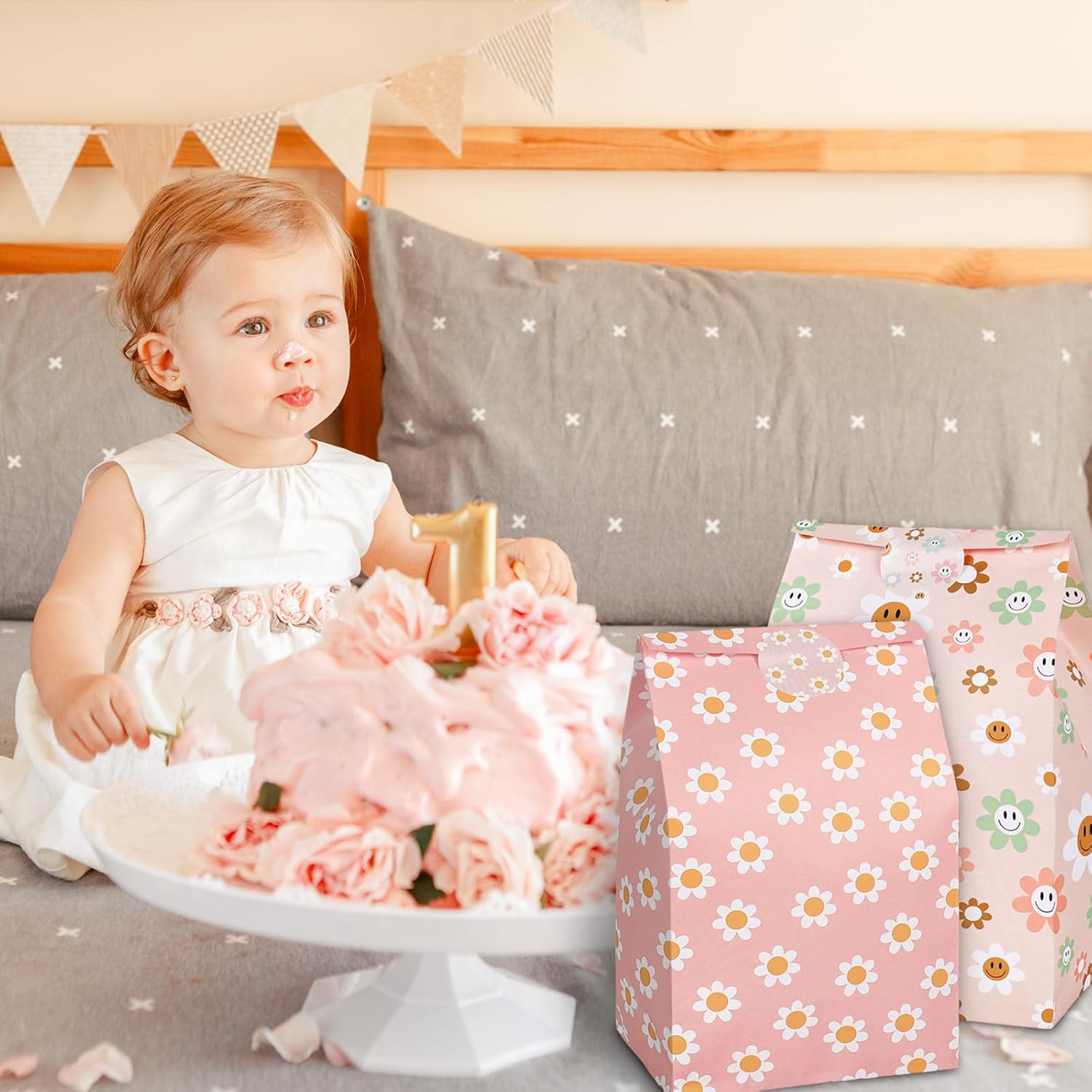 AnyDesign 24 bolsas de regalo de fiesta estilo bohemio vintage, 6 diseños de margaritas sonrientes, bolsas de regalo de papel con calcomanías,