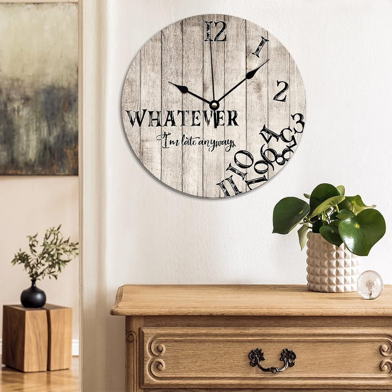 Reloj de pared con texto en inglés Whatever I’m Late Anyways para pared, rústico, envejecido, de grano de madera blanca, PVC, silencioso, sin