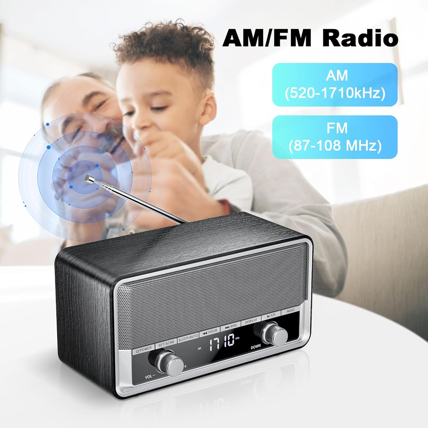 Radio AM FM enchufable de pared, radio con Bluetooth para el hogar, mejor radio reloj de recepción con pantalla LCD, reposo40 preajustes retro