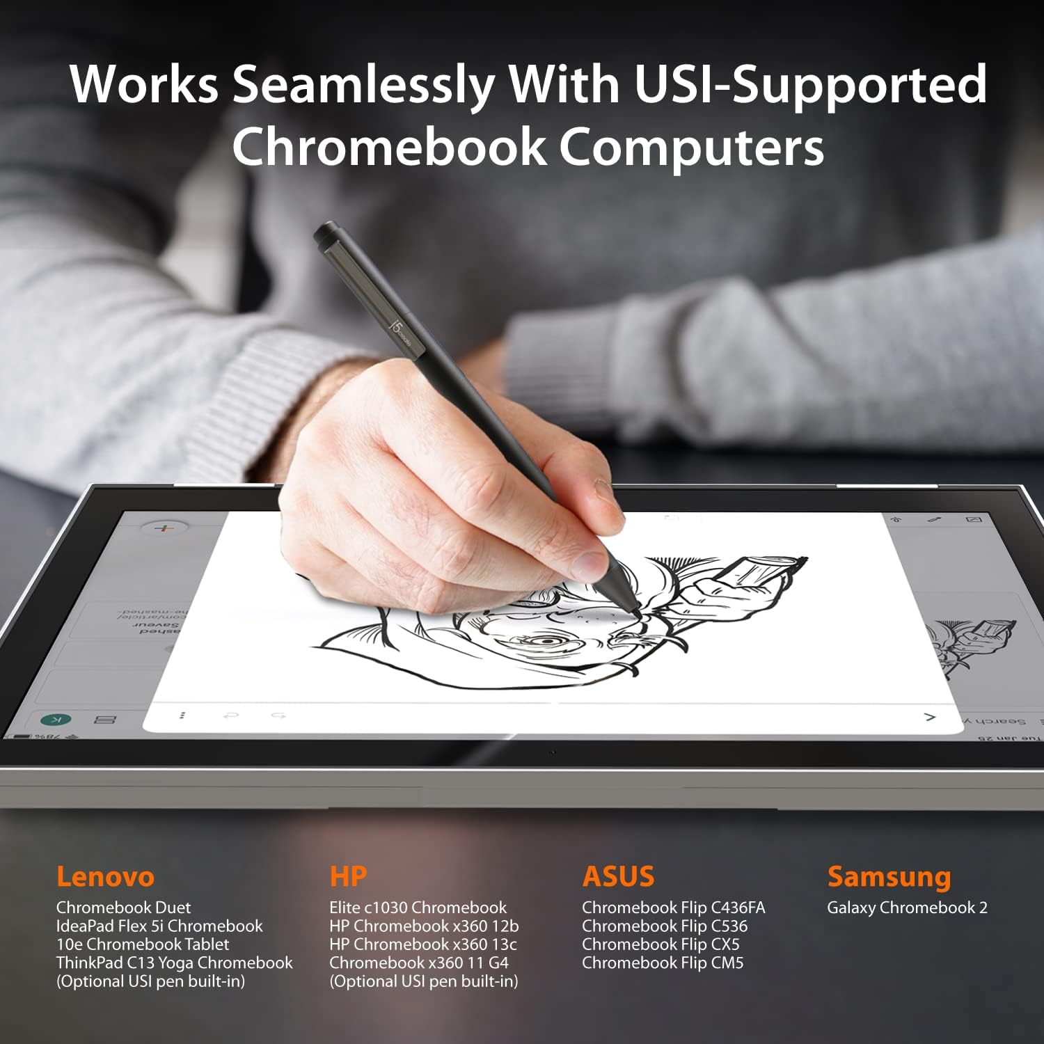 j5create USI Stylus Pen para Chromebook- Certificado funciona con Chromebook, soporta 4096 niveles de presión, carcasa de aluminio duradera y
