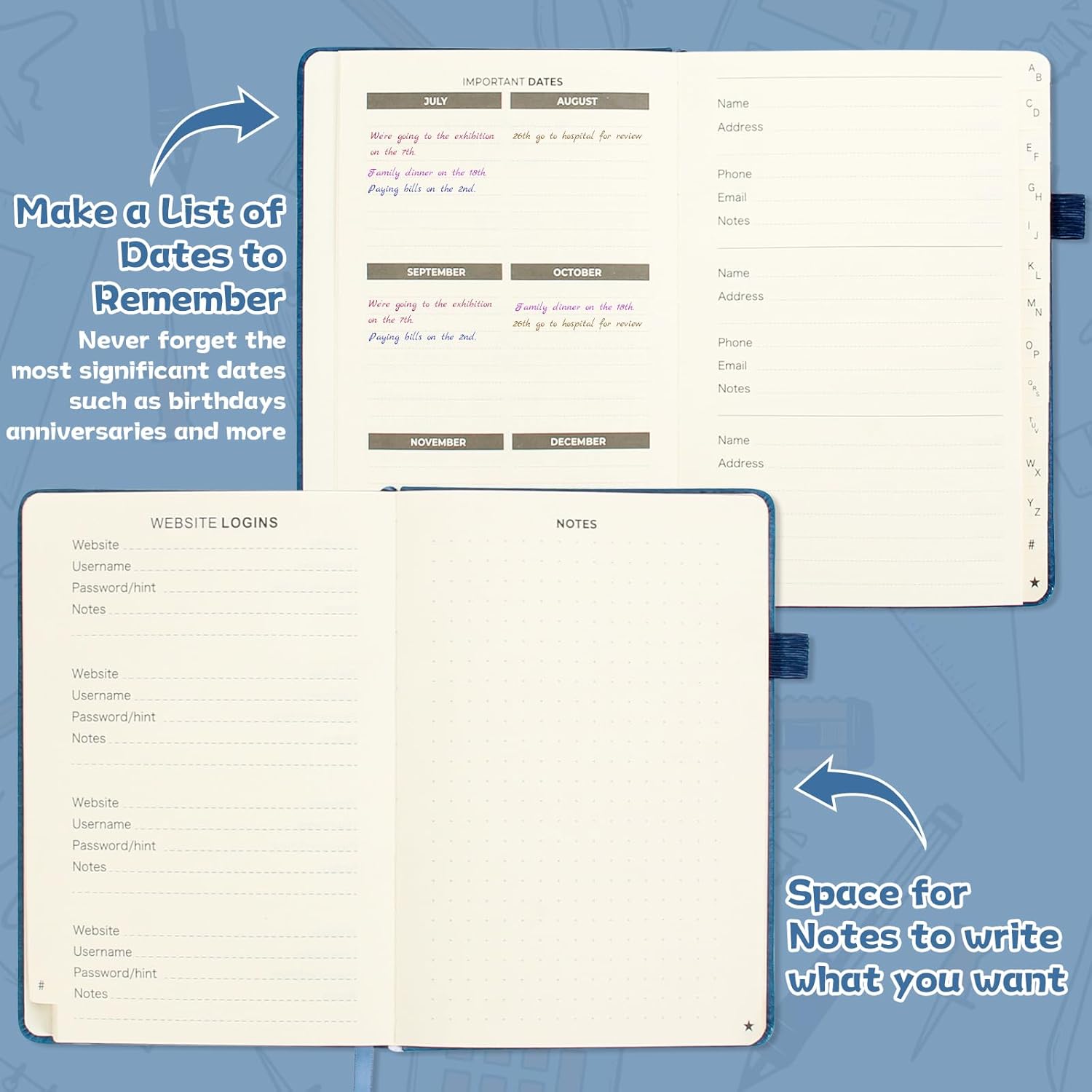 Libreta de direcciones con pestañas alfabéticas, pequeña libreta de direcciones (5.3 x 7.6 pulgadas) con bolsillo interior, cuaderno de direcciones