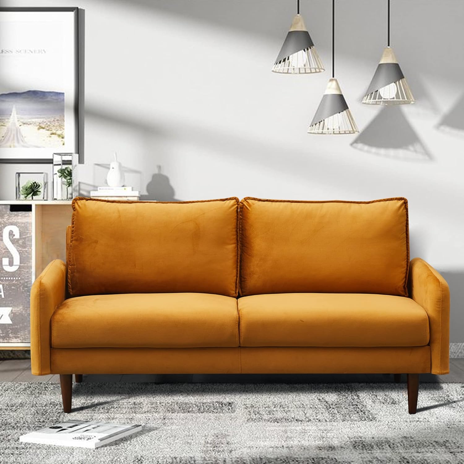 Sofá de terciopelo Sofá moderno de mediados de siglo con patas de madera para sala de estar – Jengibre