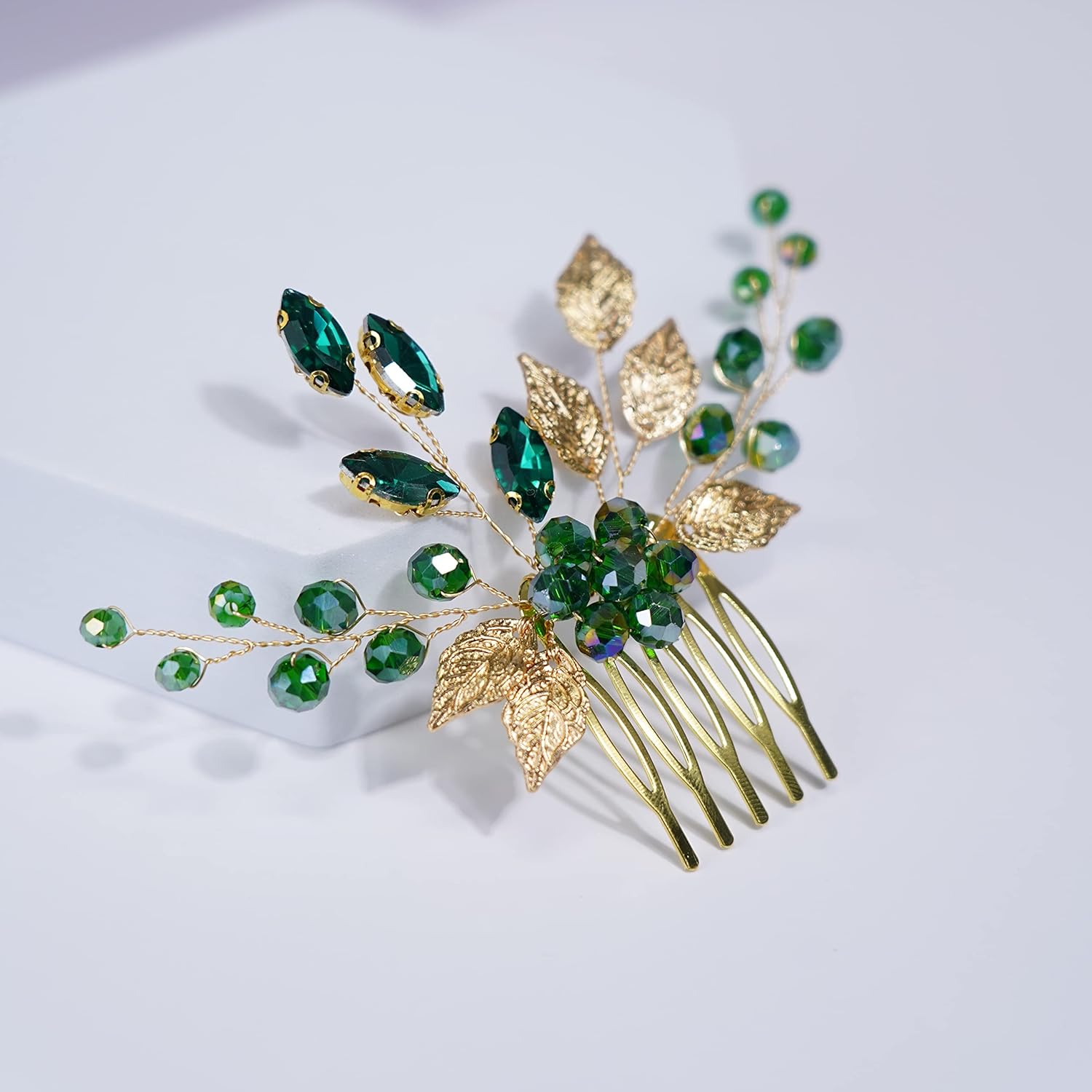 Teyglen Peines de pelo dorados para boda, con diamantes de imitación de flores verdes, peine lateral de cristal, vintage, hojas de cristal,
