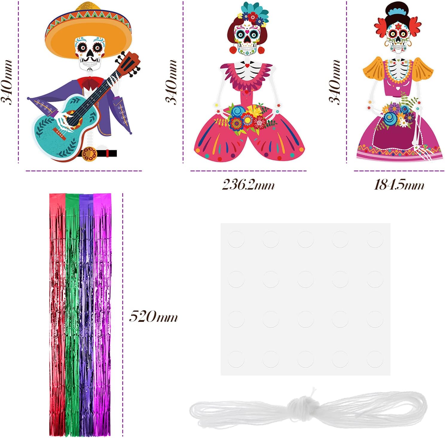 TaoBary Juego de 15 decoraciones del Día de los Muertos de 34 pulgadas, decoración colgante de calavera de azúcar de 16.4 pies, pancartas de papel