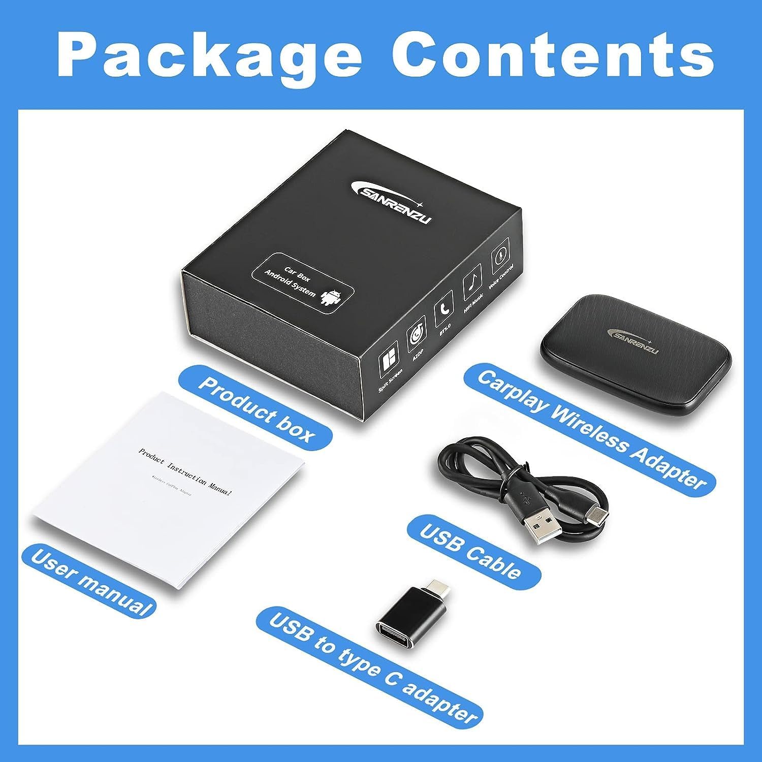 Adaptador inalámbrico CarPlayAdaptador automático Android – Caja inteligente 4 en 1 con ranura para tarjeta Micro SD Soporte en línea Netflix