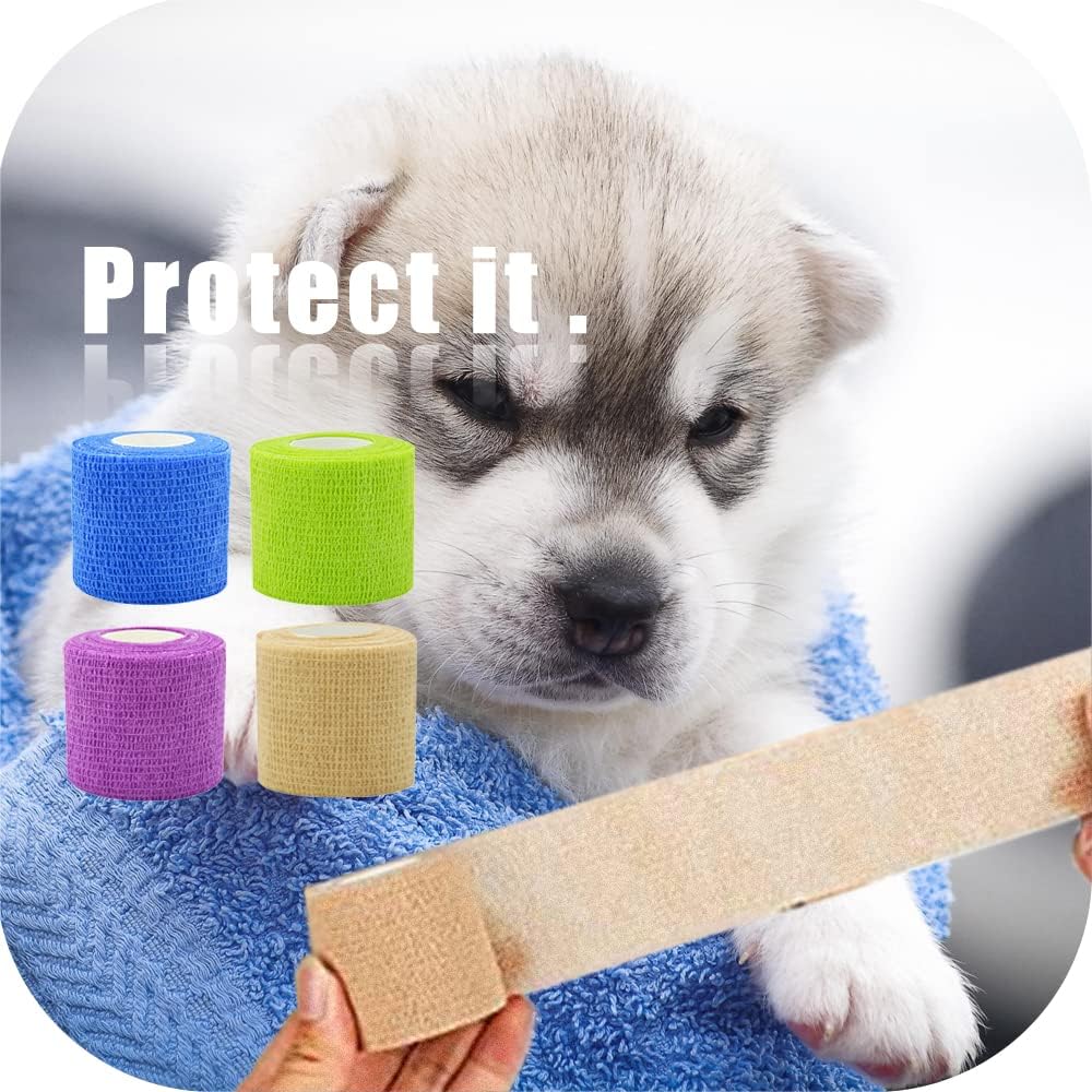 Paquete de 24 vendajes autoadhesivos de 2 x 5 yardas, envoltura veterinaria autoadhesiva para perros, gatos, caballos, animales, cinta elástica