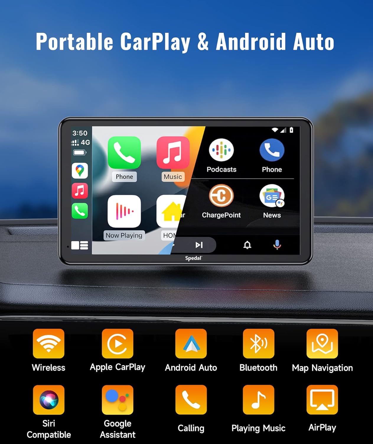 Spedal Receptores estéreo inalámbricos para Apple CarPlay y Android Auto, pantalla táctil IPS portátil de 7 pulgadas con cámara frontal,