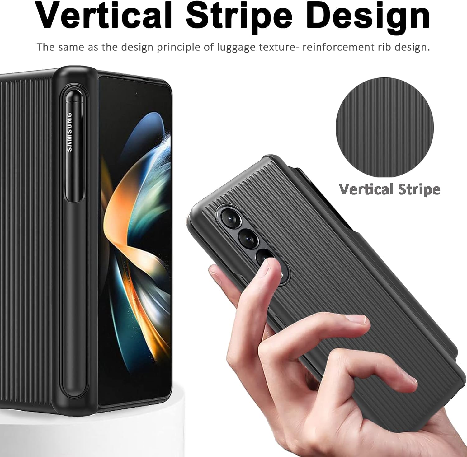 Miimall Funda compatible con Samsung Galaxy Z Fold 4 con bolígrafo, Z Fold 4 con S Pen + protector de pantalla frontal + diseño de rayas verticales,
