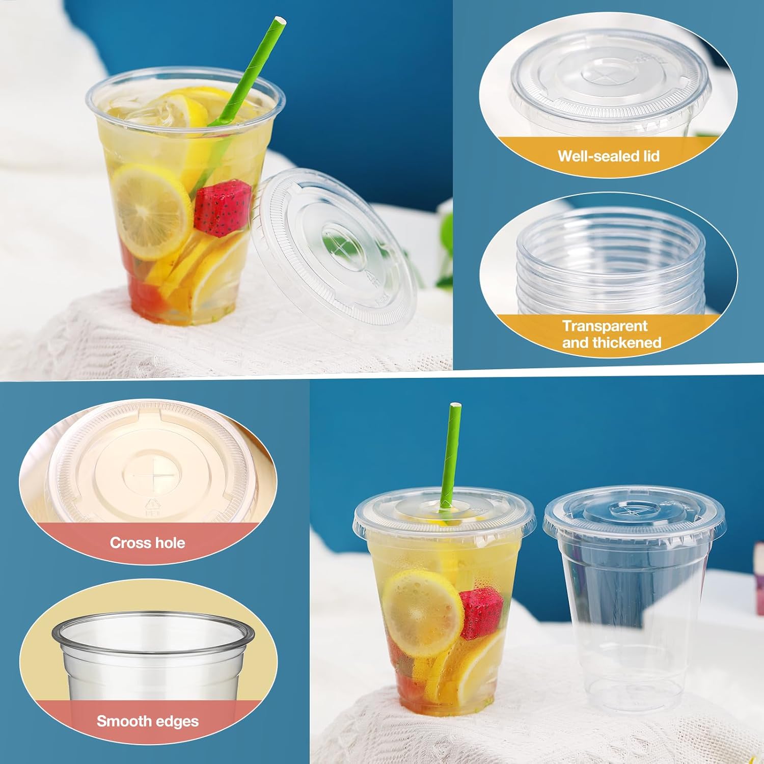 Juego de 50 vasos de plástico transparente de 12 onzas con tapas planas, vasos de plástico desechables para bebidas frías, vasos de plástico