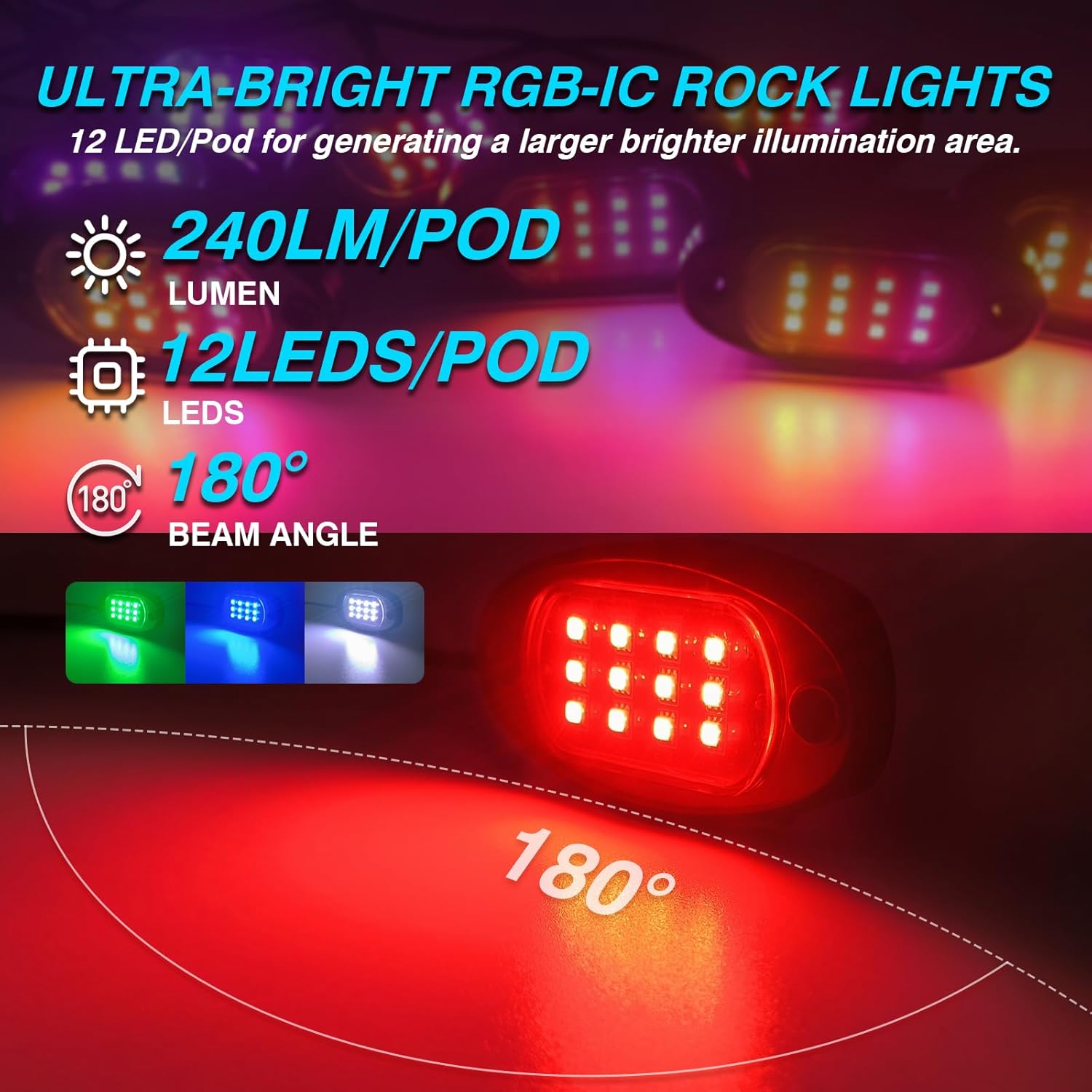 ZONECONA 8Pods Dream Color RGB+IC LED Rock Lights, luces subterráneas con control remoto APPRF efecto de persecución, luces de pozo de rueda