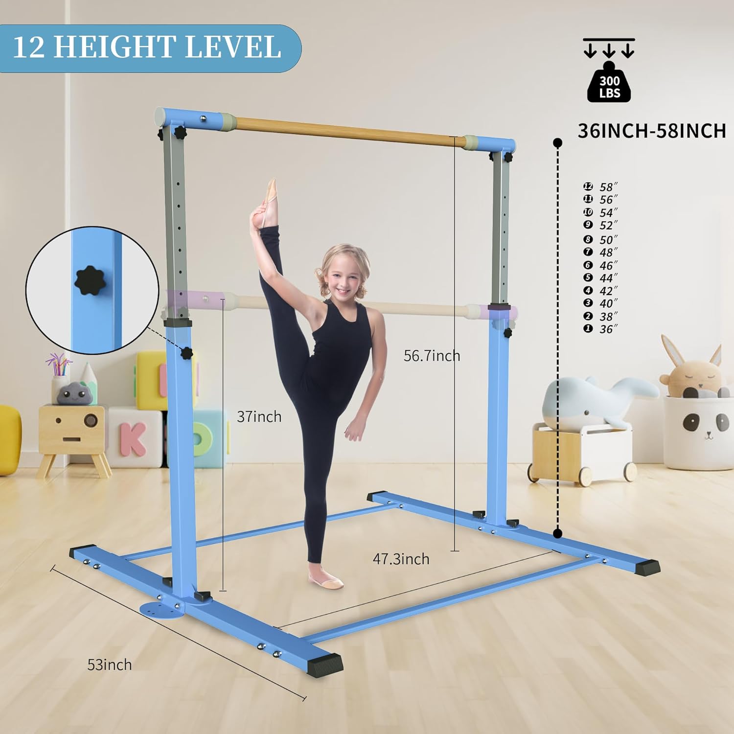 EL&ITWings Kip Bar de gimnasia, barra horizontal para niños y niñas, altura ajustable de 3 a 5 pies, equipo de gimnasio en casa, ideal para