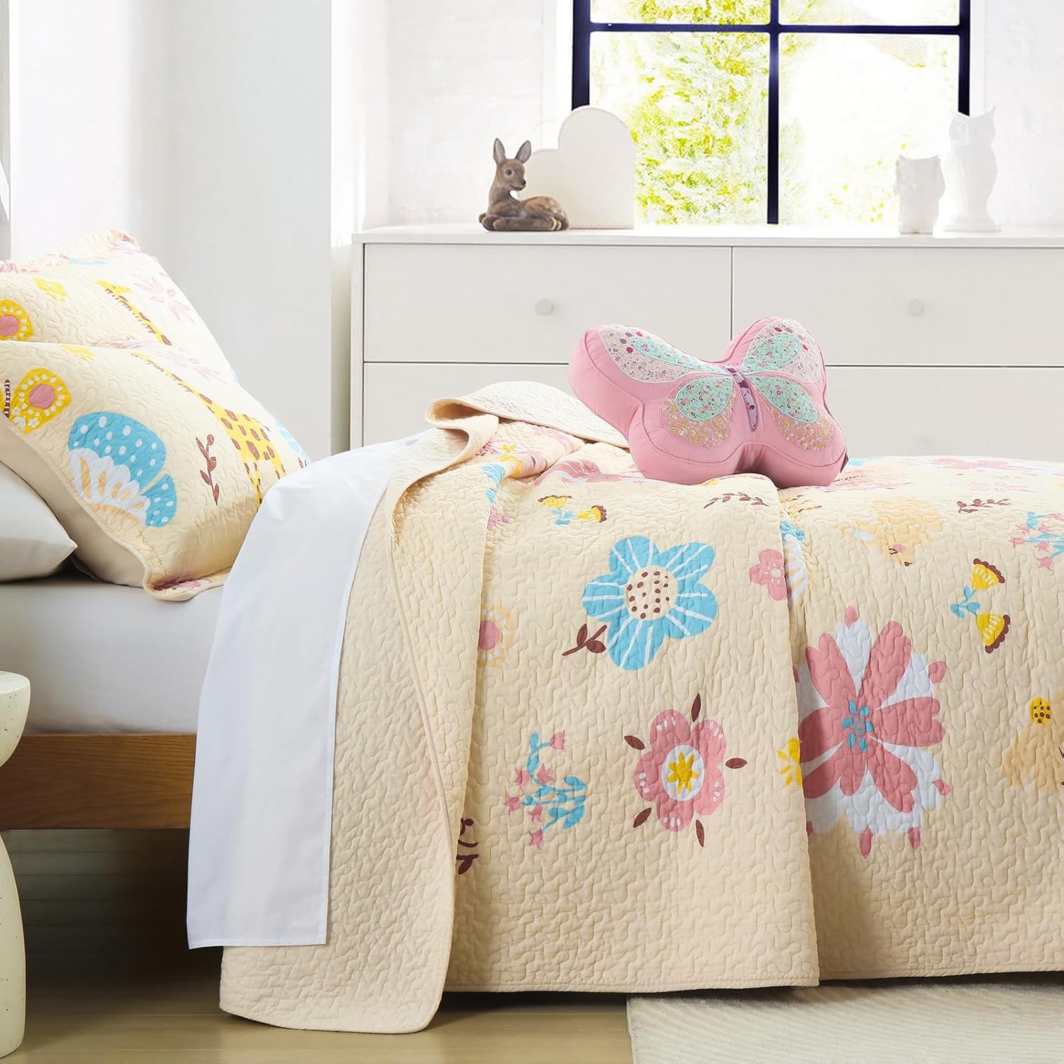 PERHOM Juego de ropa de cama suave reversible 100% algodón suave con diseño de mariposas y mariposas, color crudo y rosa (Queen, 3 piezas 1 edredón