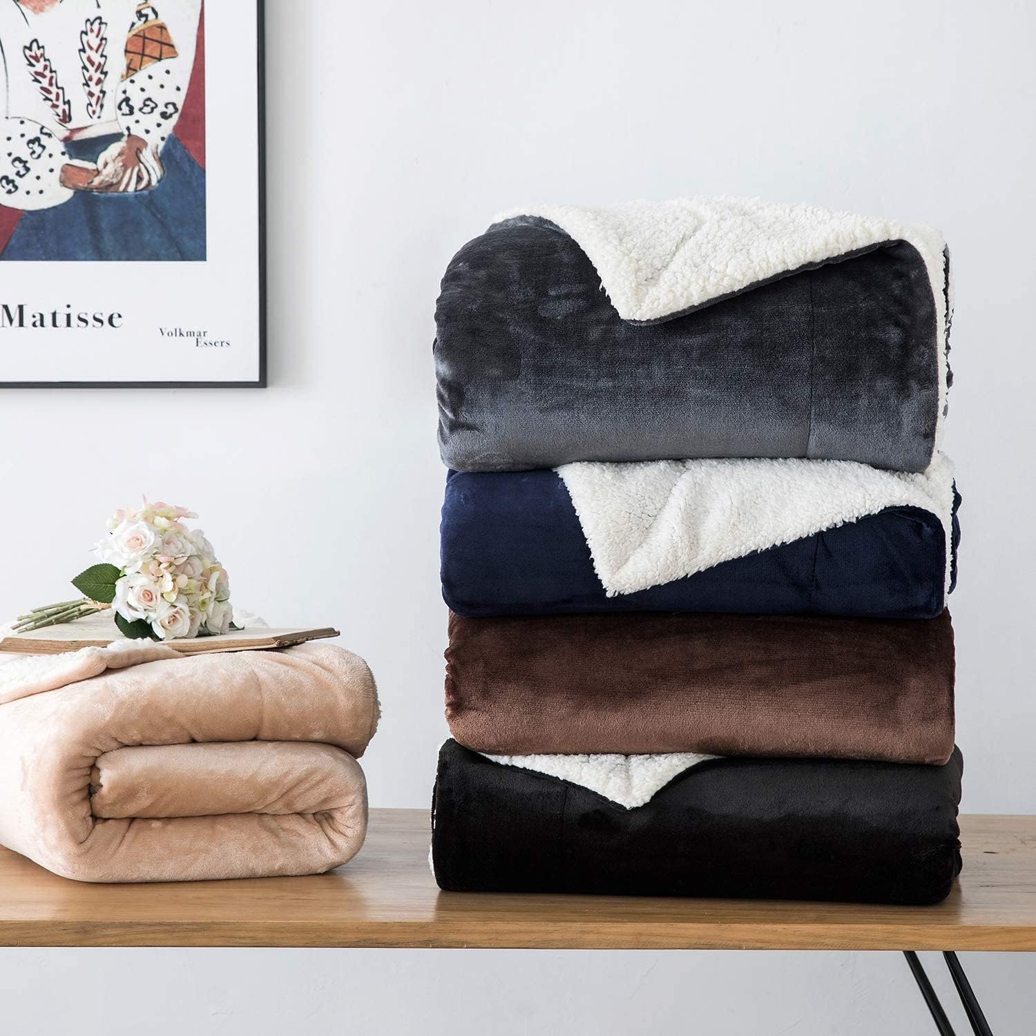 IR Imperial Rooms Mantas Sherpa tamaño Queen  Mantas gruesas y cálidas para invierno, reversible, suave y esponjosa, tamaño Queen para cama, azul
