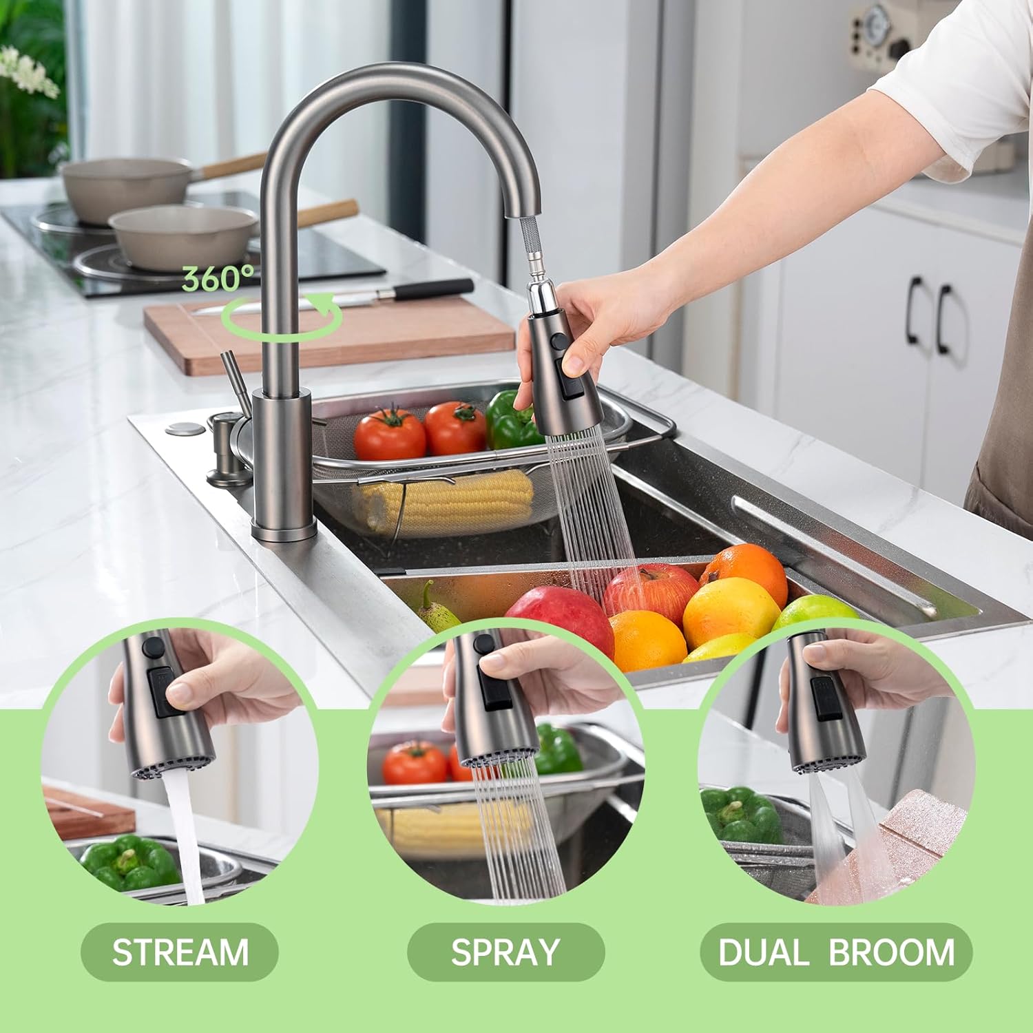 APPASO Grifo de cocina con dispensador de jabón, grifos de fregadero de cocina de acero inoxidable negro con rociador extraíble, 3 modos, grifos de