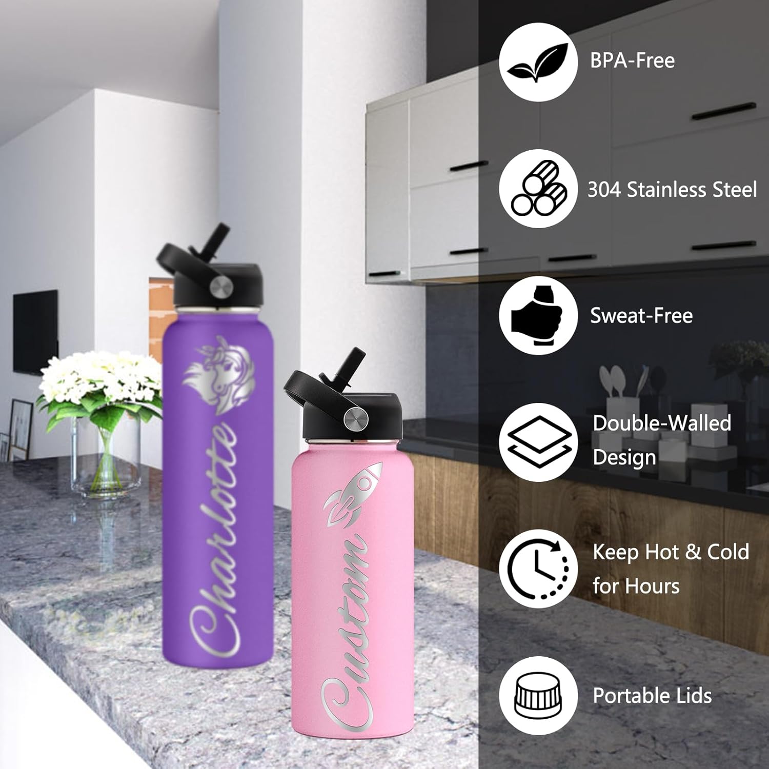 Botellas de agua personalizadas con tapa de popote para deportes, botella de agua aislada de acero inoxidable personalizada con nombre o texto,