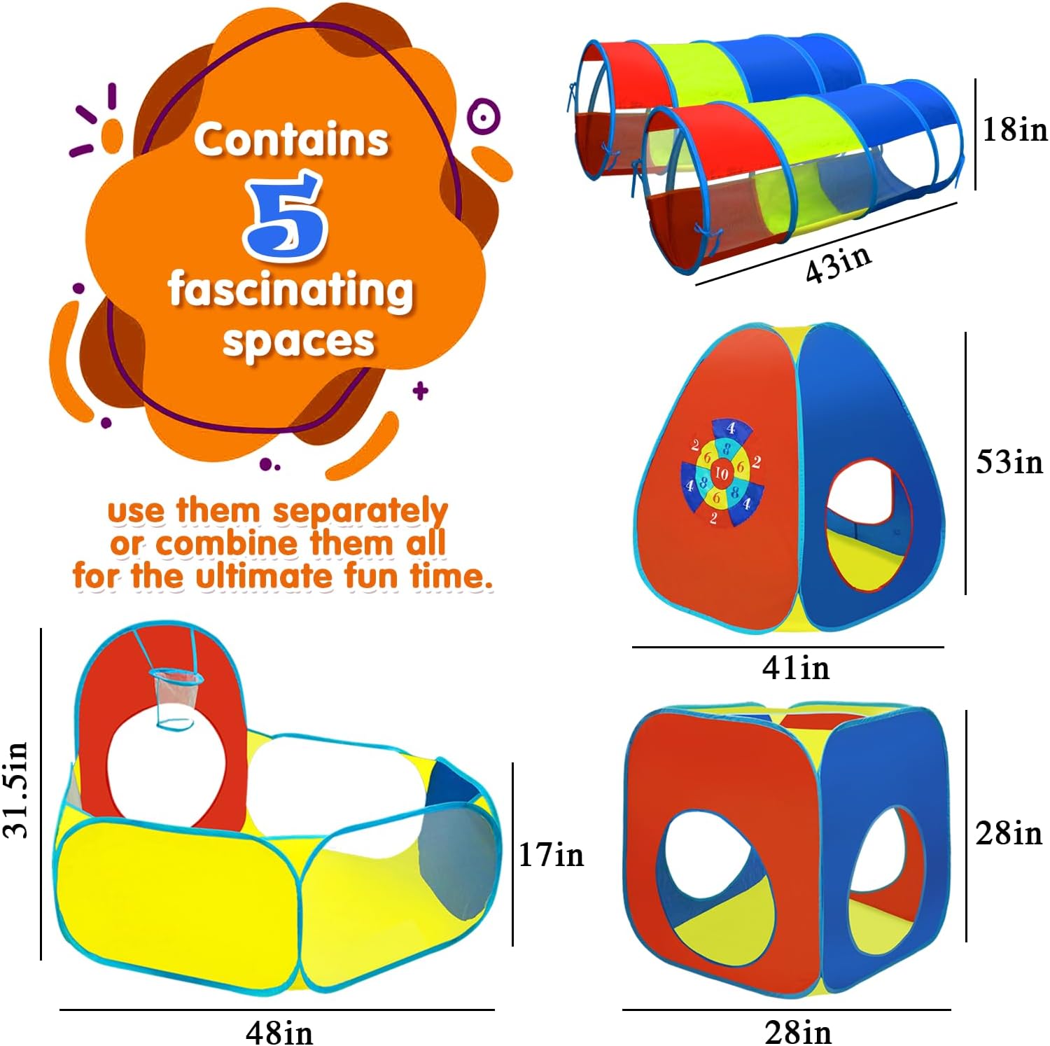 5 hoyos de bolas, tienda de campaña y túneles para niños, 1 hoyo de bolas, 2 tiendas de campaña, 2 túneles de rastreo, 2 aros de bola, juego de