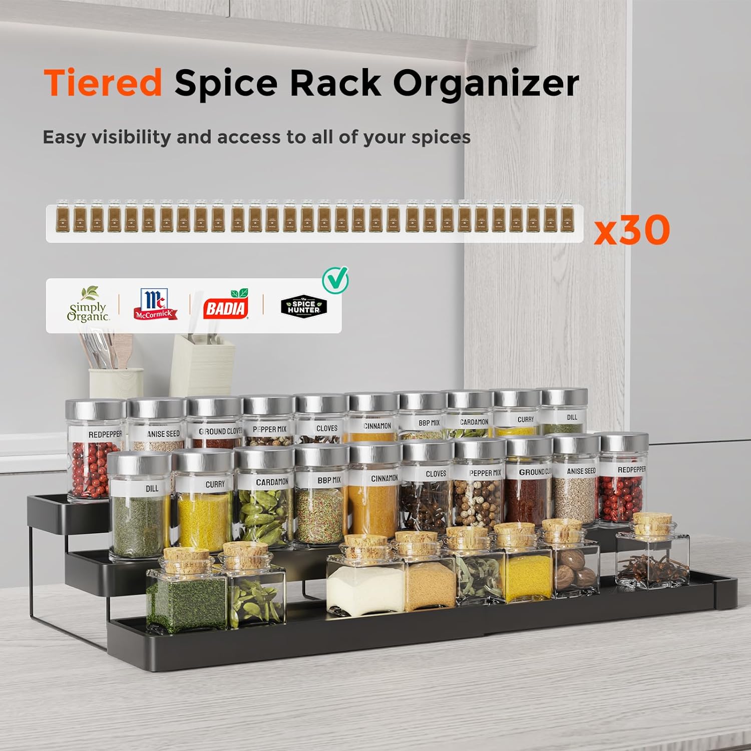 Organizador de especias expandible para gabinete, organizador de especias ajustable de 3 niveles, fácil visibilidad, organizador de especias para