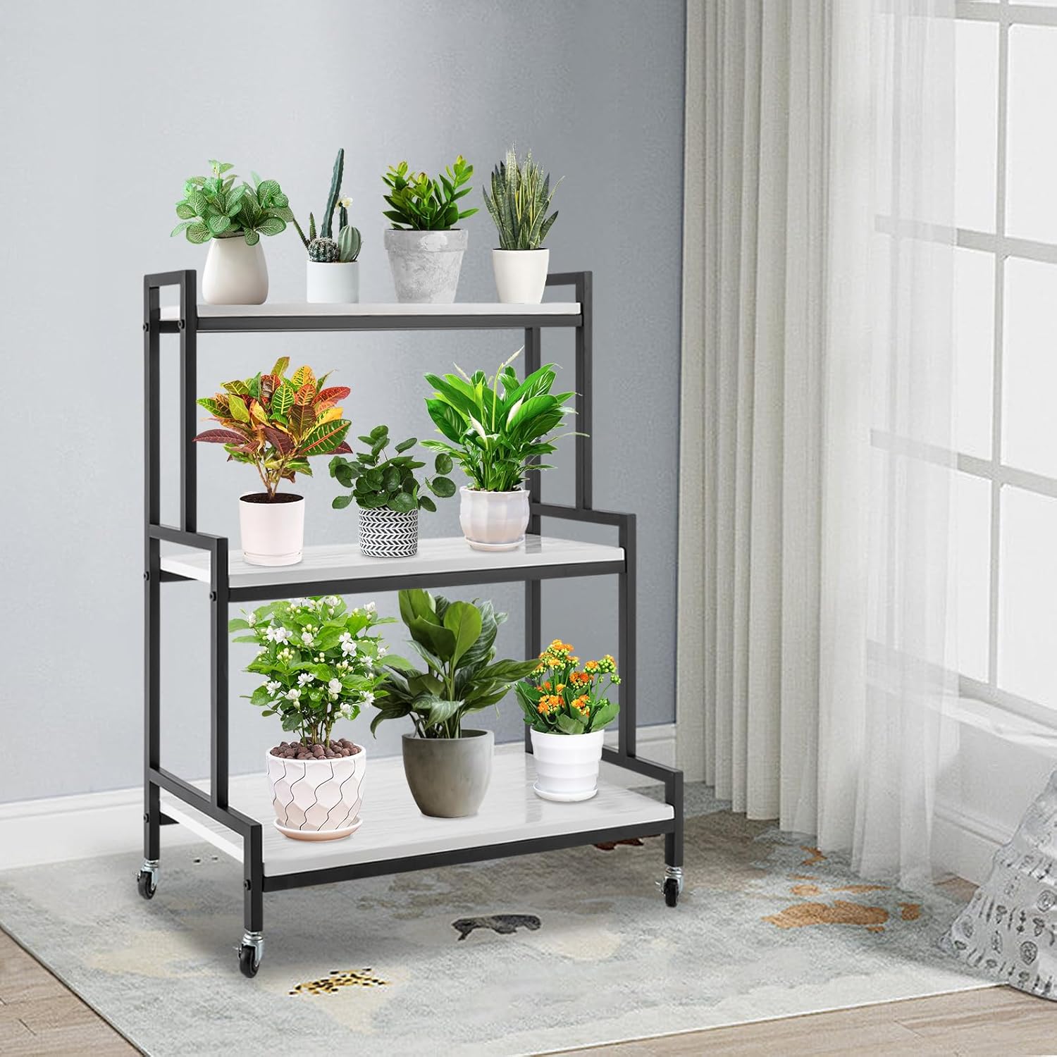 Soporte para plantas de 3 niveles para interiores y exteriores, soporte rústico para macetas con ruedas, estante de exhibición de plantas de madera