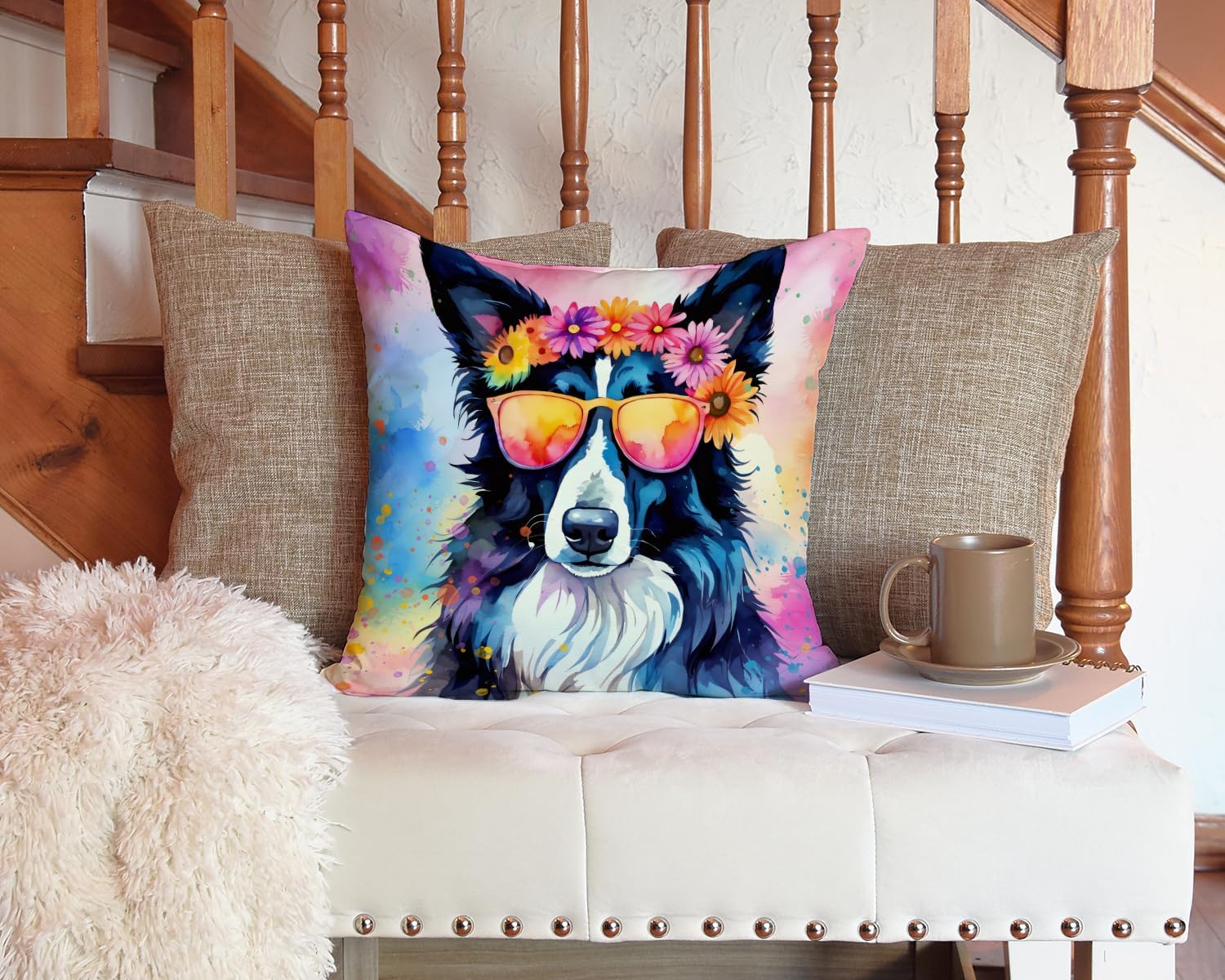 Caroline’s Treasures DAC2466PW1414 Border Collie Hippie Dawg – Almohada decorativa de tela, lavable a máquina, almohada decorativa para interiores y