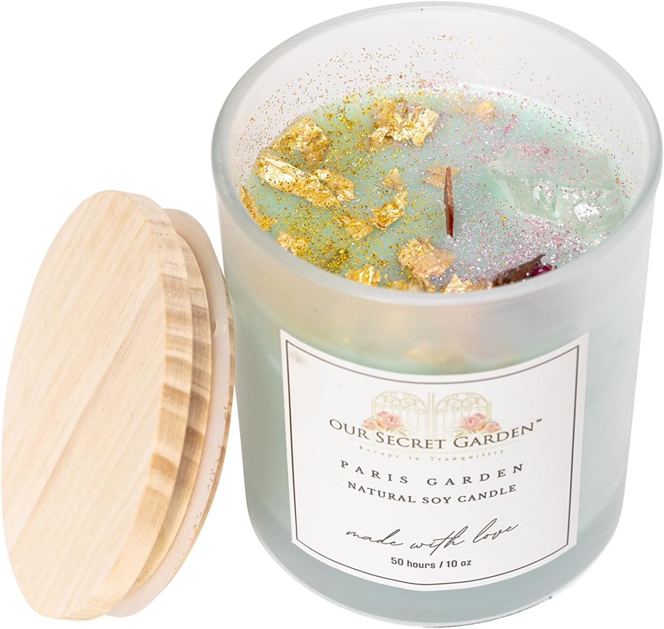 Vela de cristal curativo, vela de soja hecha a mano de 10 onzas con cristales y flores en el interior, regalos espirituales para mujeres,