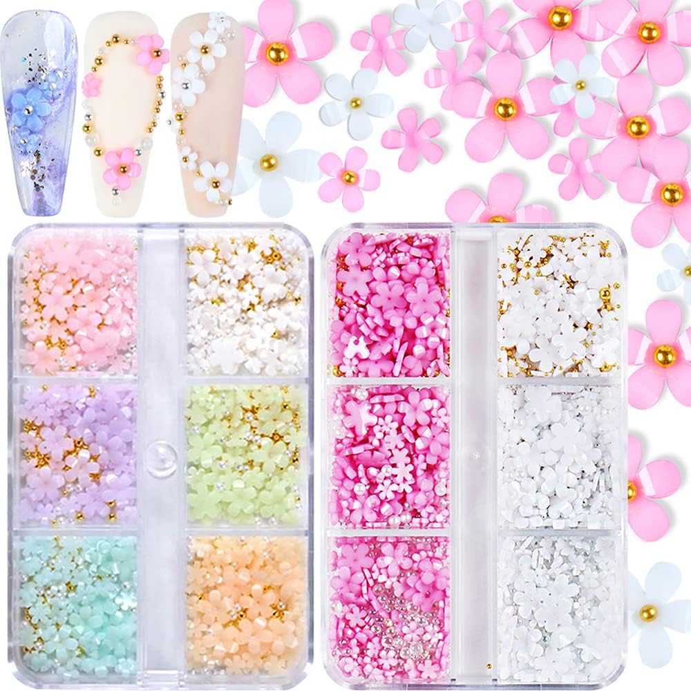 Dijes para uñas de flores 3D, 2 cajas de diamantes de imitación de flores acrílicas 3D, blanco y rosa, mezcla de cerezo, gemas de primavera,