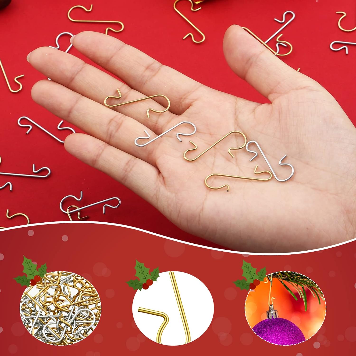 Tatuo 400 ganchos para adornos de Navidad, ganchos de alambre de metal con caja de almacenamiento para decoración de árbol de Navidad (dorado,