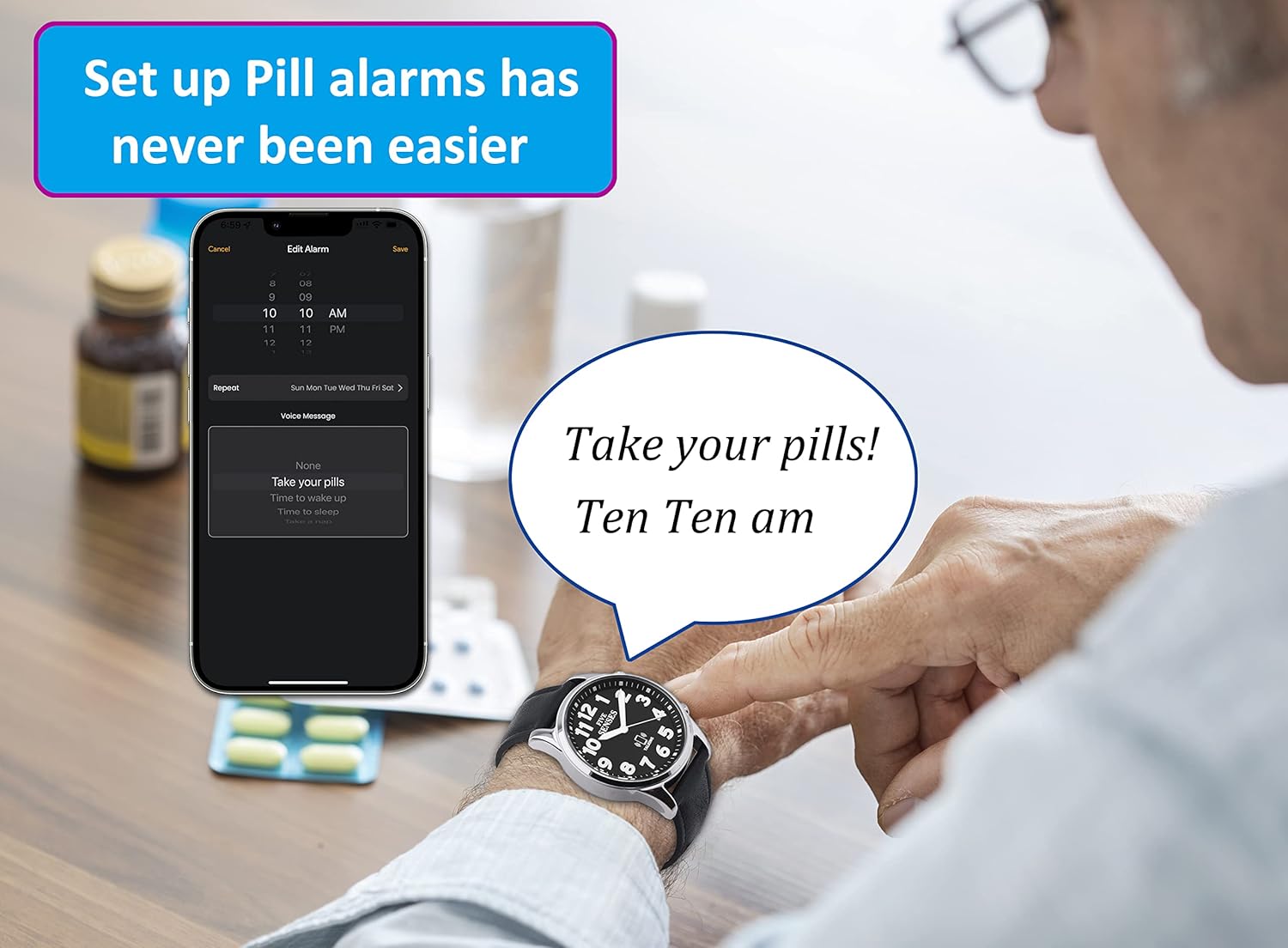 Reloj de hablar atómico inteligente jumbo con recordatorios de voz y control de aplicación para personas mayores y personas con discapacidad visual.