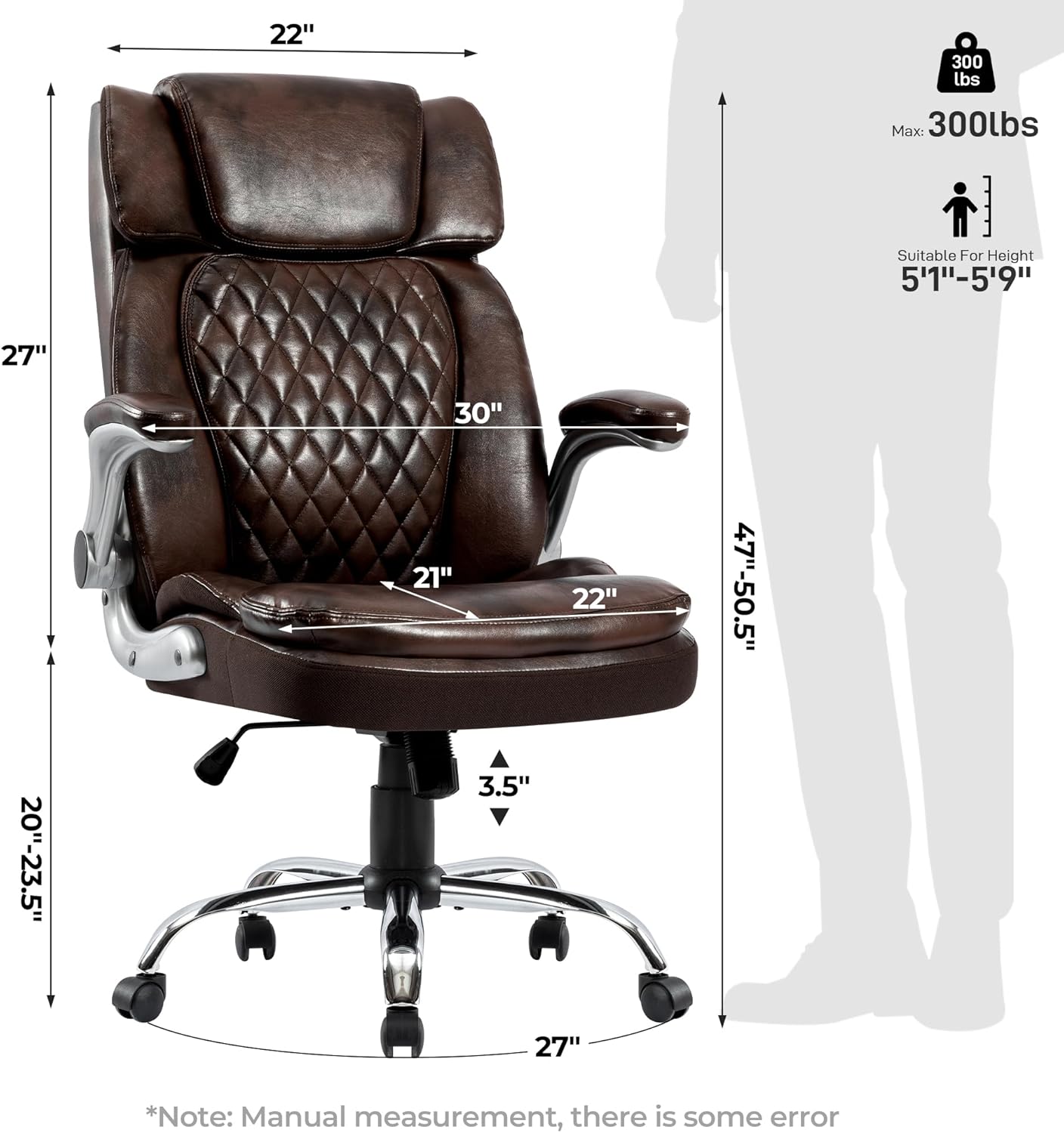 HOMYEDAMIC Silla de oficina de respaldo alto con brazos ajustables, sillas ejecutivas de computadora de piel sintética, giro grande y alto, ángulo