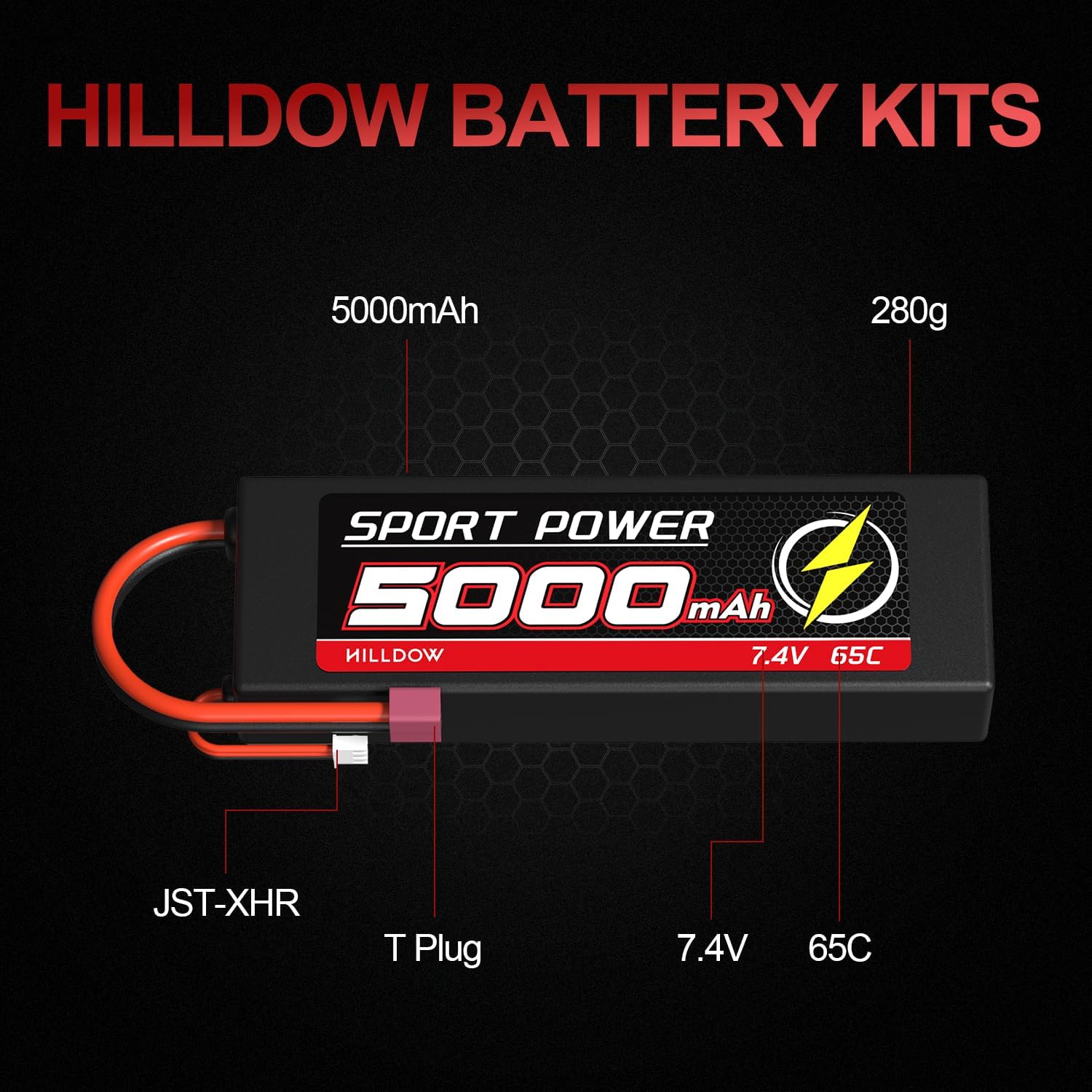Hilldow Batería Lipo RC de 7.4 V 2S 65C 5000mAh Lipos Hard Case Baterías recargables con conector T estilo Dean para automóviles 18 110 RC camiones