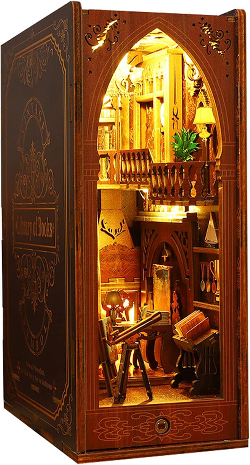 Kit de rincón de libros de biblioteca mágica de madera 3D, encantador inserto de estantería con LED táctil, decoración de sujetalibros de bricolaje,