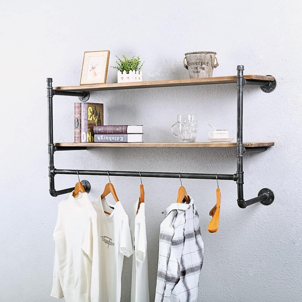 Estante industrial para ropa de tubería montado en la pared con estante de madera real, estante flotante de pared, estante de exhibición rústico al