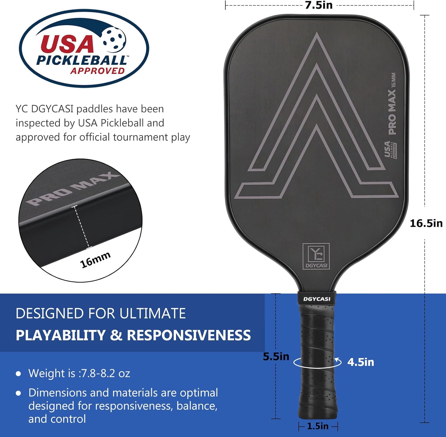 YC DGYCASI 16mm Pickleball Paddles Professional, 2024 USAPA Approved T700 Carbon Fiber Surface Pickle Paddle(CFS), Polypropylene Lightweight