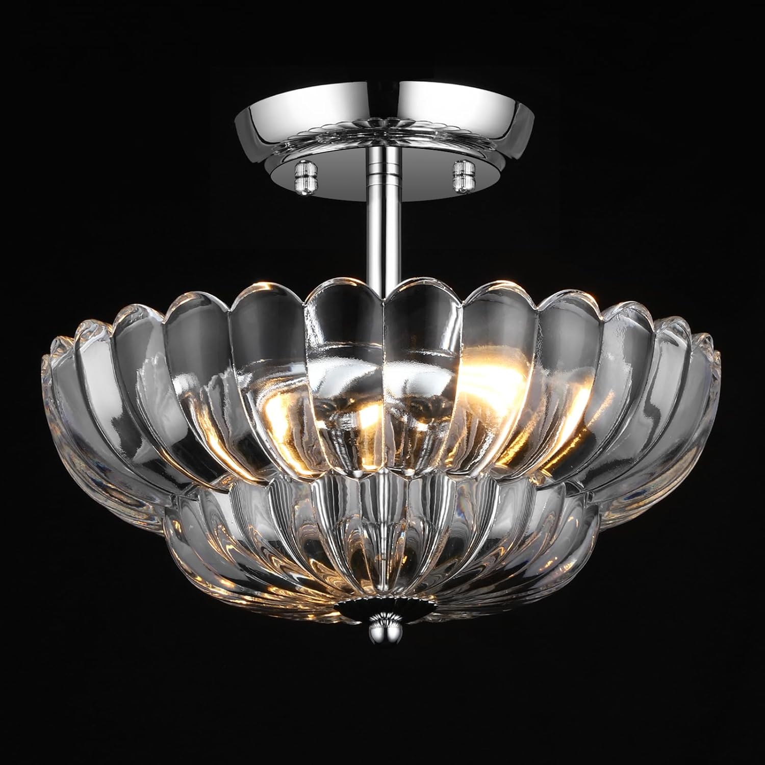 Mgcanyu Lámpara de techo de cristal semiempotrada, 2 luces, moderna lámpara de techo de cristal cromado plateado con pantalla de vidrio transparente