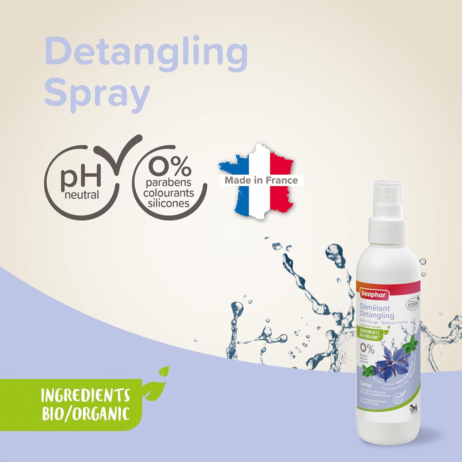 BEAPHAR Aerosol desenredante etiquetado ECOCERT para perros y gatos – Fabricado en Francia – Contiene aloe vera, aceite de borraja y menta orgánica