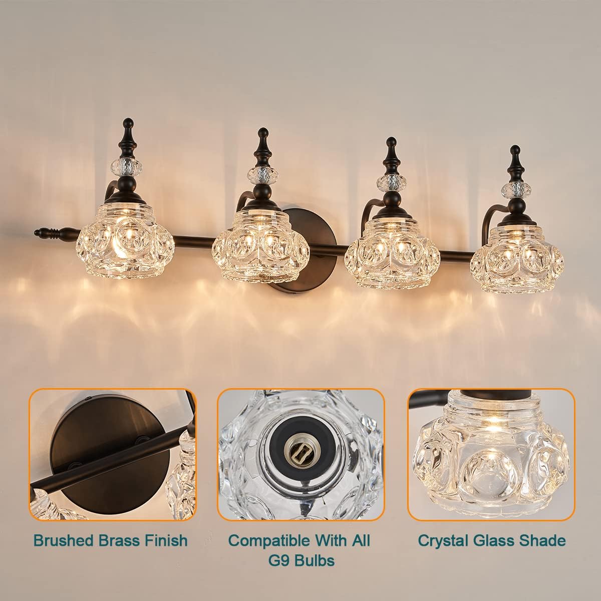 Lámpara de tocador de 4 luces, iluminación de baño, superficie negra pintada con pantalla de cristal grueso, luz de tocador vintage para baño