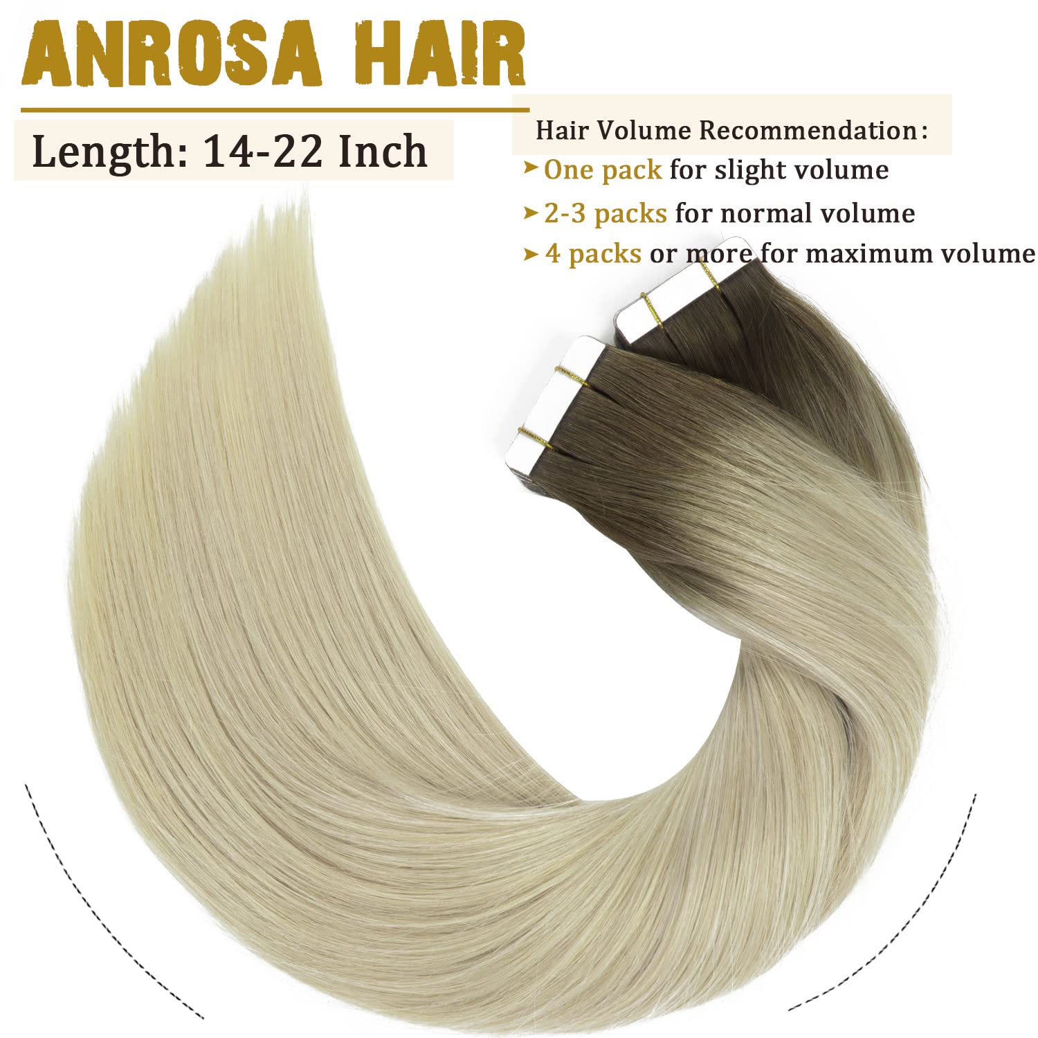 Anrosa Extensiones de cabello humano con cinta adhesiva, 14 pulgadas, color marrón ceniza a rubio, extensiones de cabello humano Remy, extensiones