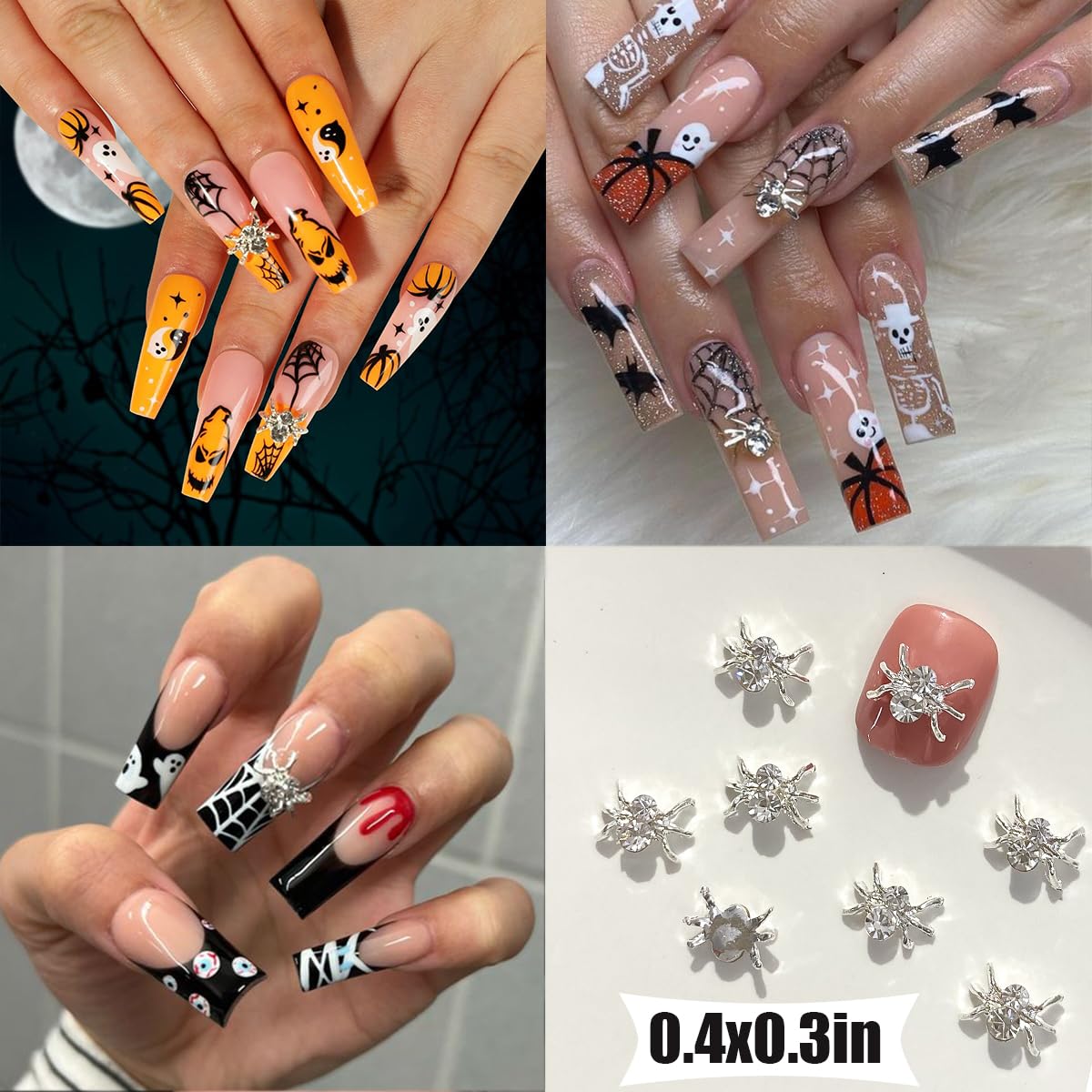 36 dijes de uñas de Halloween de aleación, dijes de araña, dorados, plateados, rojos, negros, arañas, joyas brillantes y coloridas, diseño de